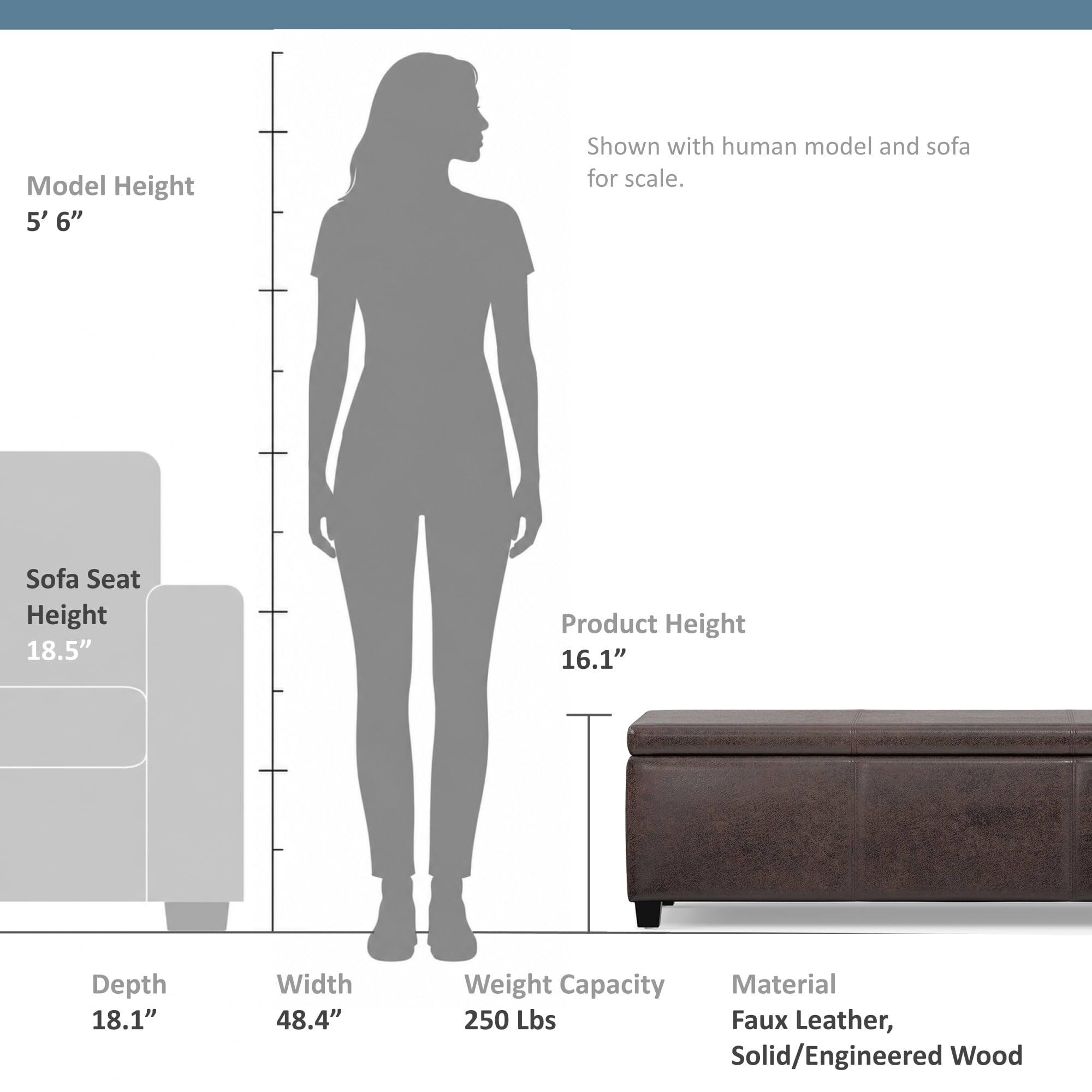 Avalon 48" Wide Vegan Leather Storage Ottoman in Brown