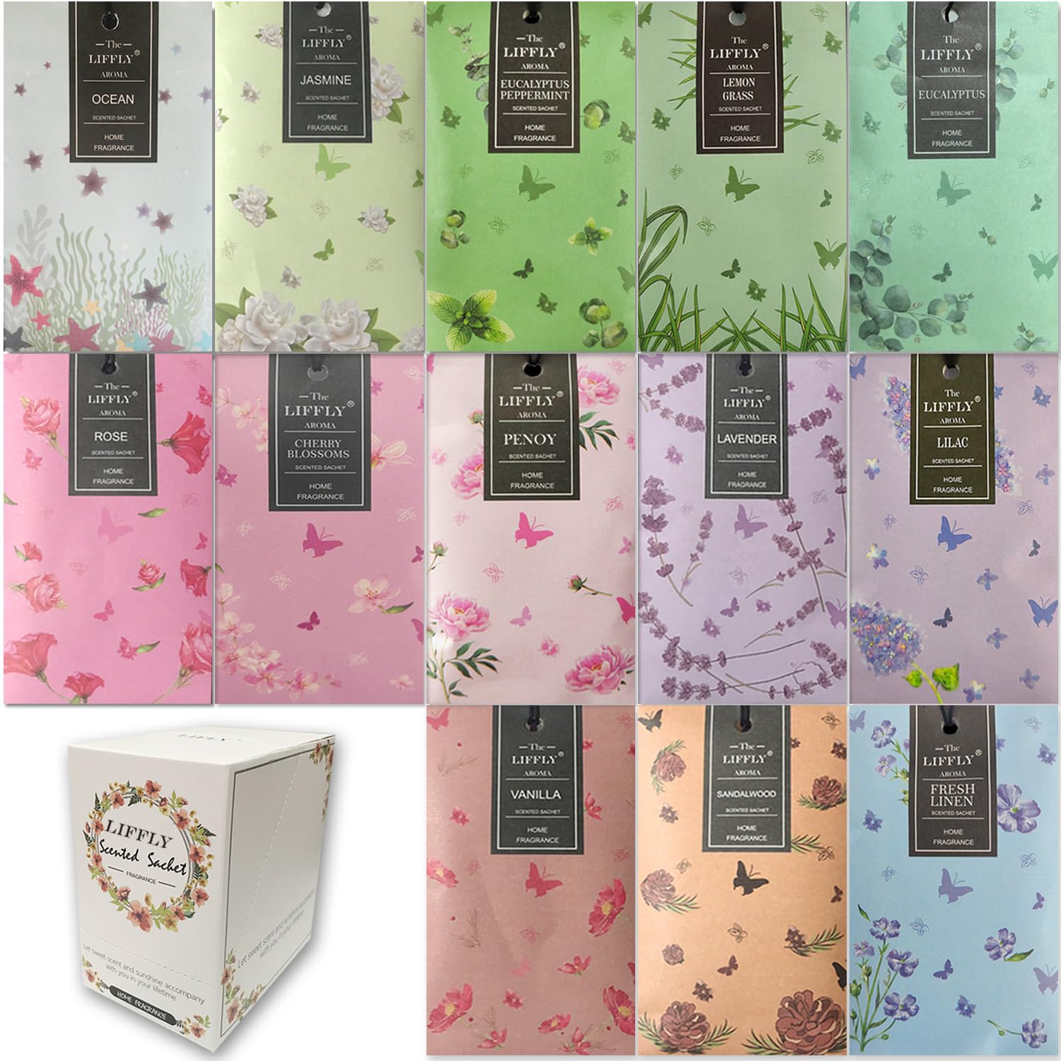 13 Scents Scented Sachets for Drawers and Closets 14 Packs Lavender Rose Jasmine Ocean Vanilla Sandalwood Fresh Linen Cherry Blossoms Lilac Eucalyptus Peppermint Lemongrass Peony Gift Box (14 Count)