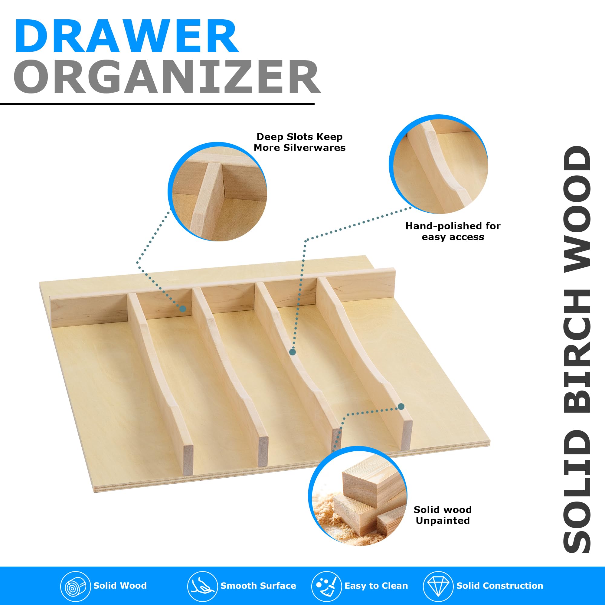 Solid Birch Wood Silverware Drawer Organizer
