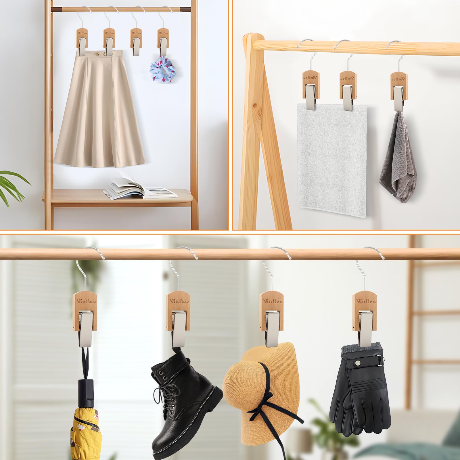 6Pcs Laundry Hooks Clips Hanger Wooden Laundry Clips with Hooks Closet Organizer Clamps Clothes Clips Laundry Hanging Clips Towel Clips for Socks (6 Count)