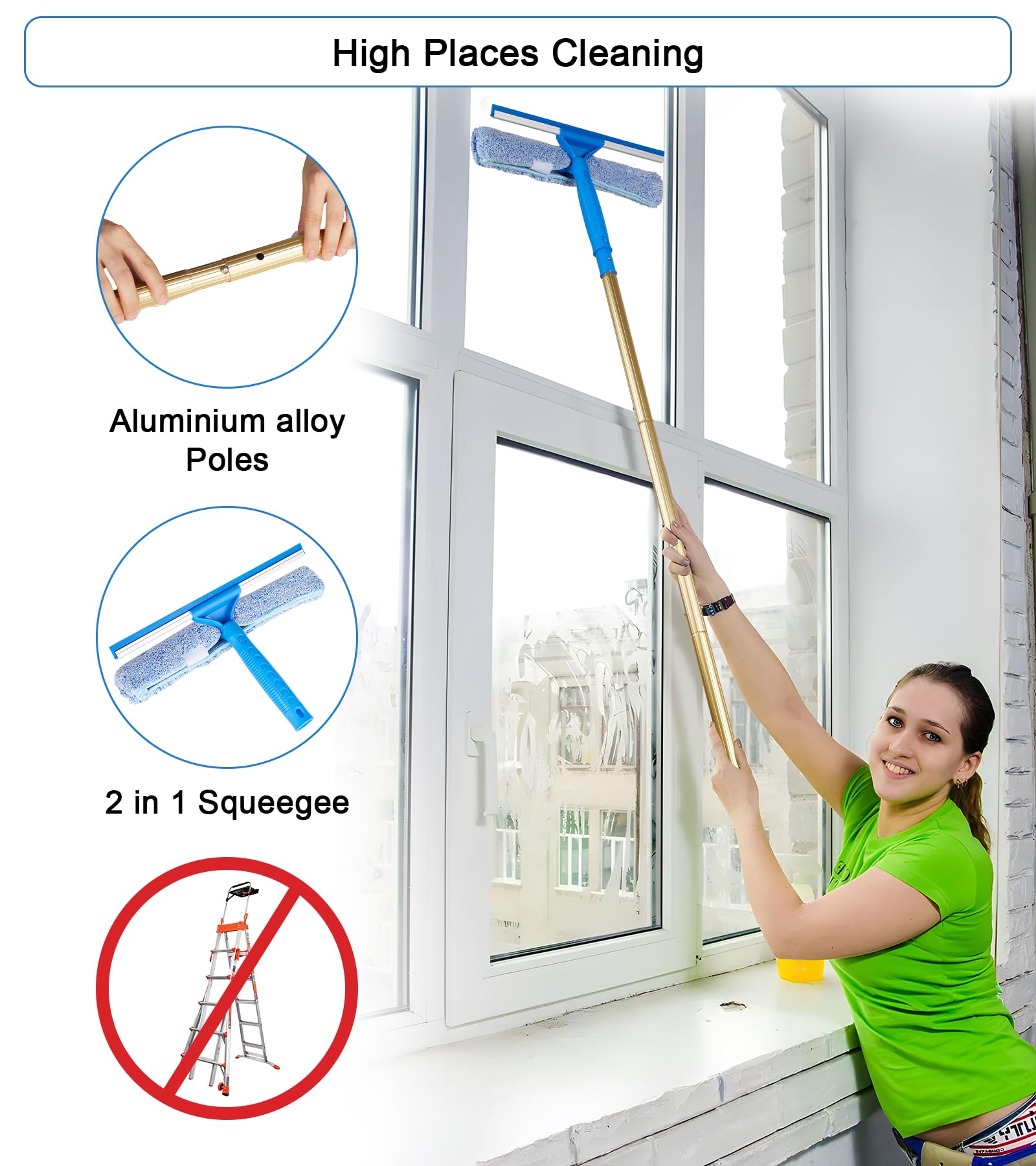 2 in 1 Window Squeegee Cleaning Kit with Aluminum Alloy Extension Poles