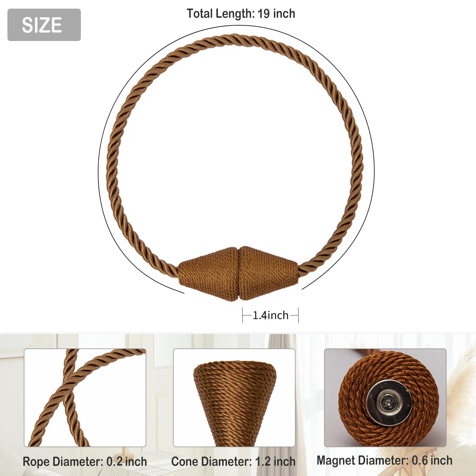 Magnetic Curtain Tiebacks 4 Pack Outdoor Rope Curtain Tie Backs Decorative Window Treatment Holdbacks for Home Decorative Curtain (4 Count)
