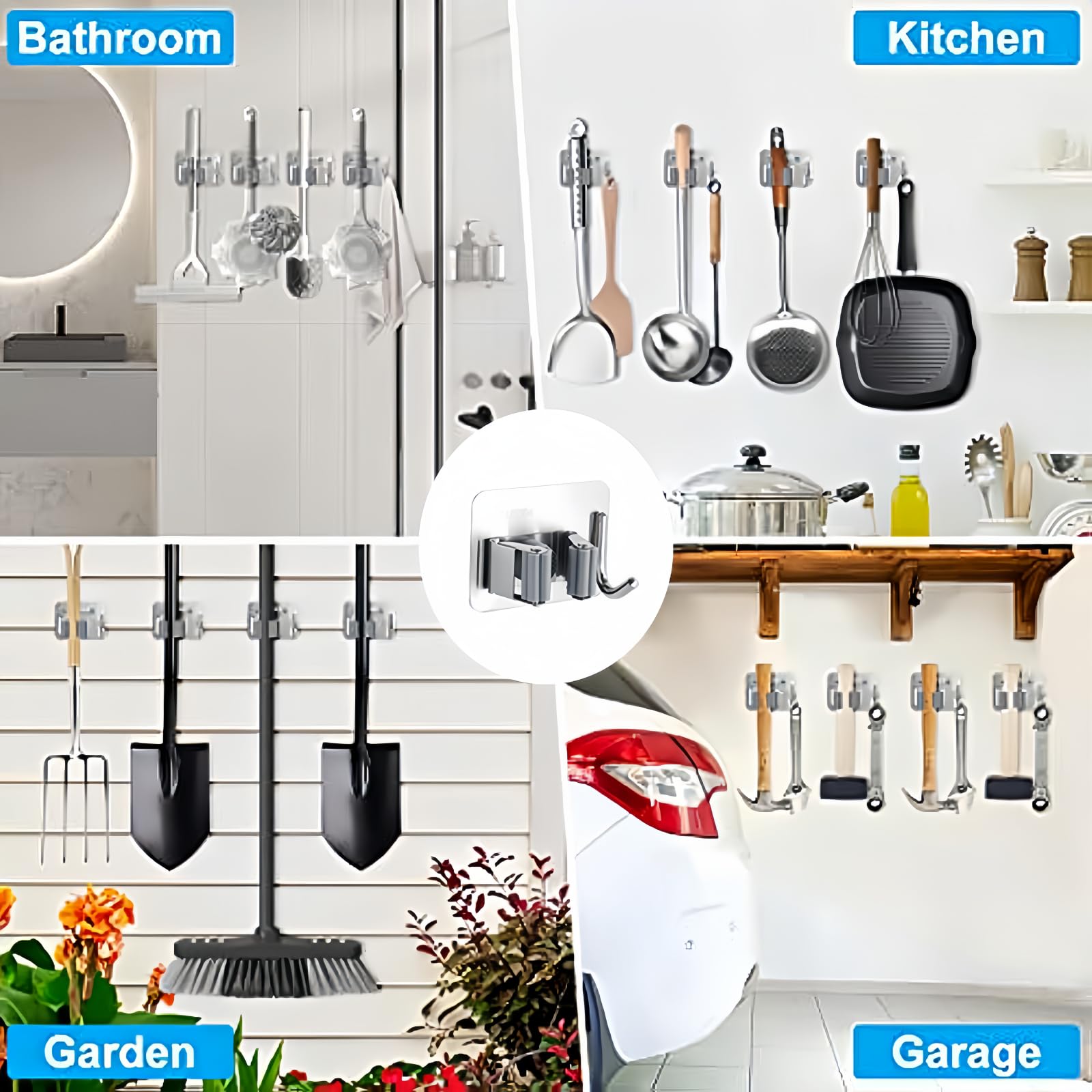 3pcs Punch Free Broom and Mop Holder No Drilling Wall Mount Self Strong Adhesive Holder Tool with Hook Multi (3 Count)