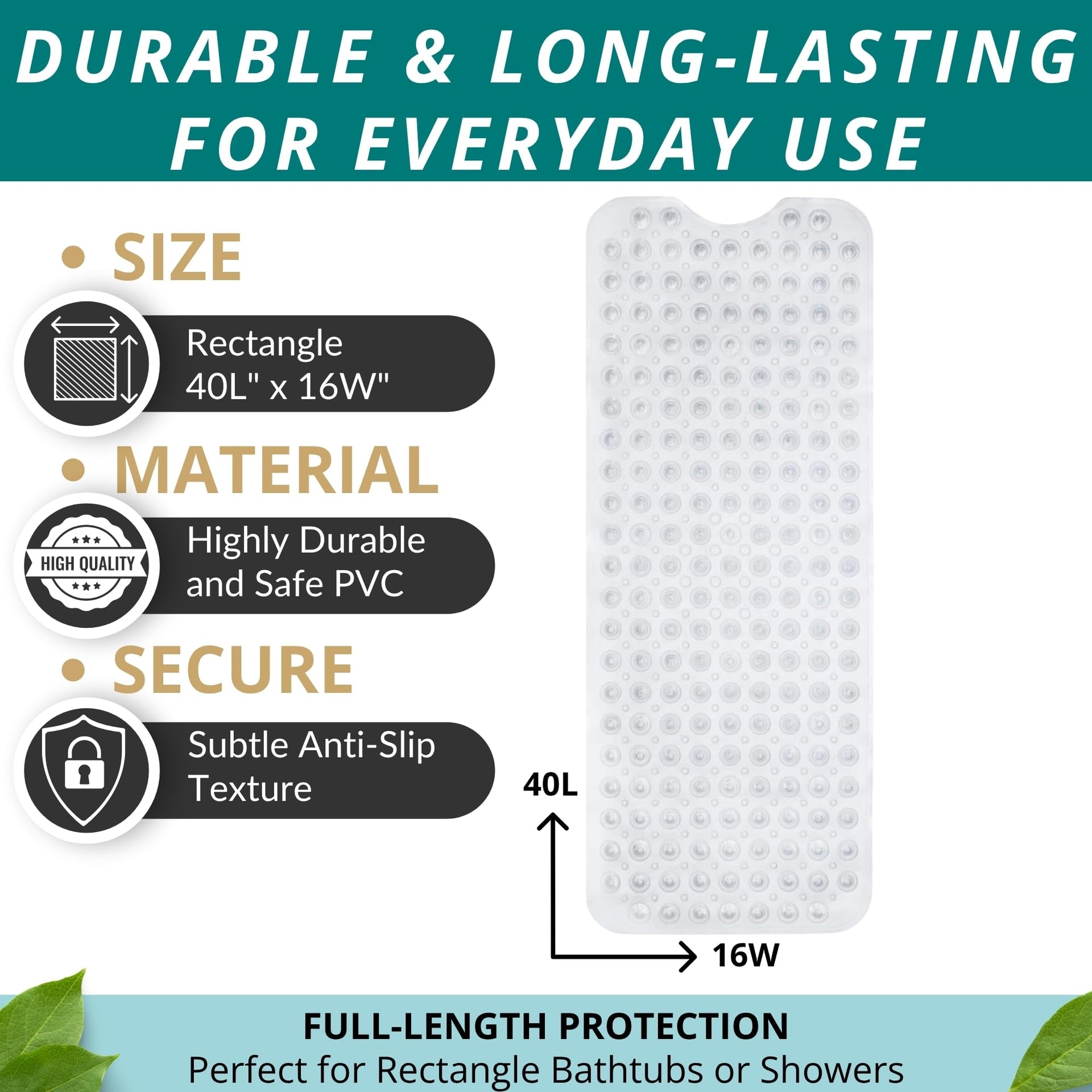 Non Slip Bath & Shower Mat 40x16 Extra Long