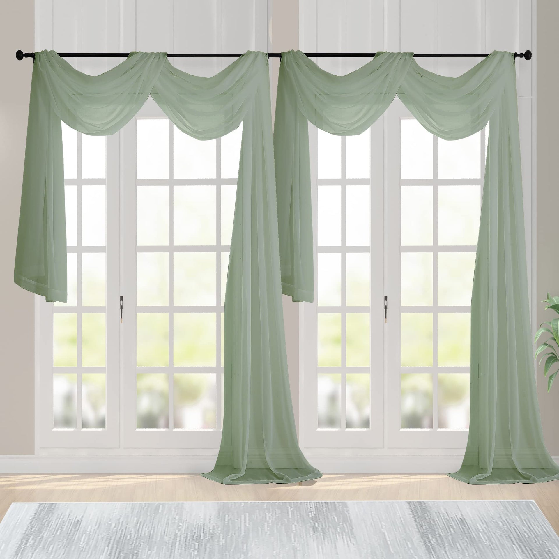 Sage Green Sheer Scarf Valances for Windows 216 Inch Extra Long (2 Count)