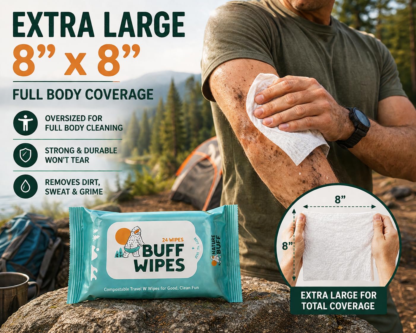 Camping Wet Wipes 8 x 8 Inch Full Body Wipes Unscented Outdoor Travel Wipes for Hiking Backpacking Camping Hygiene Pack of 12 (12 Count)