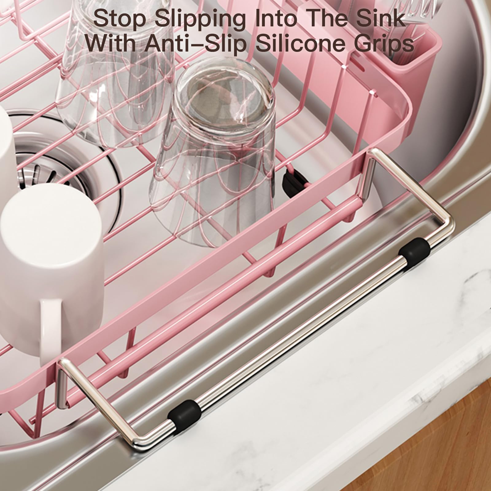 Pink Dish Drying Rack Over The Sink with Utensil Holder