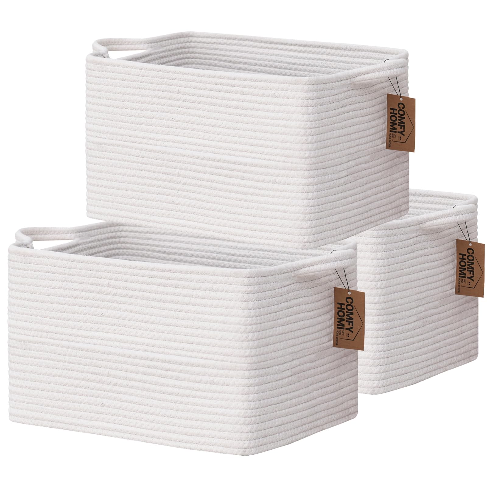 3PACK Cotton Rope Square Basket with Handles for Shelves (3 Count)