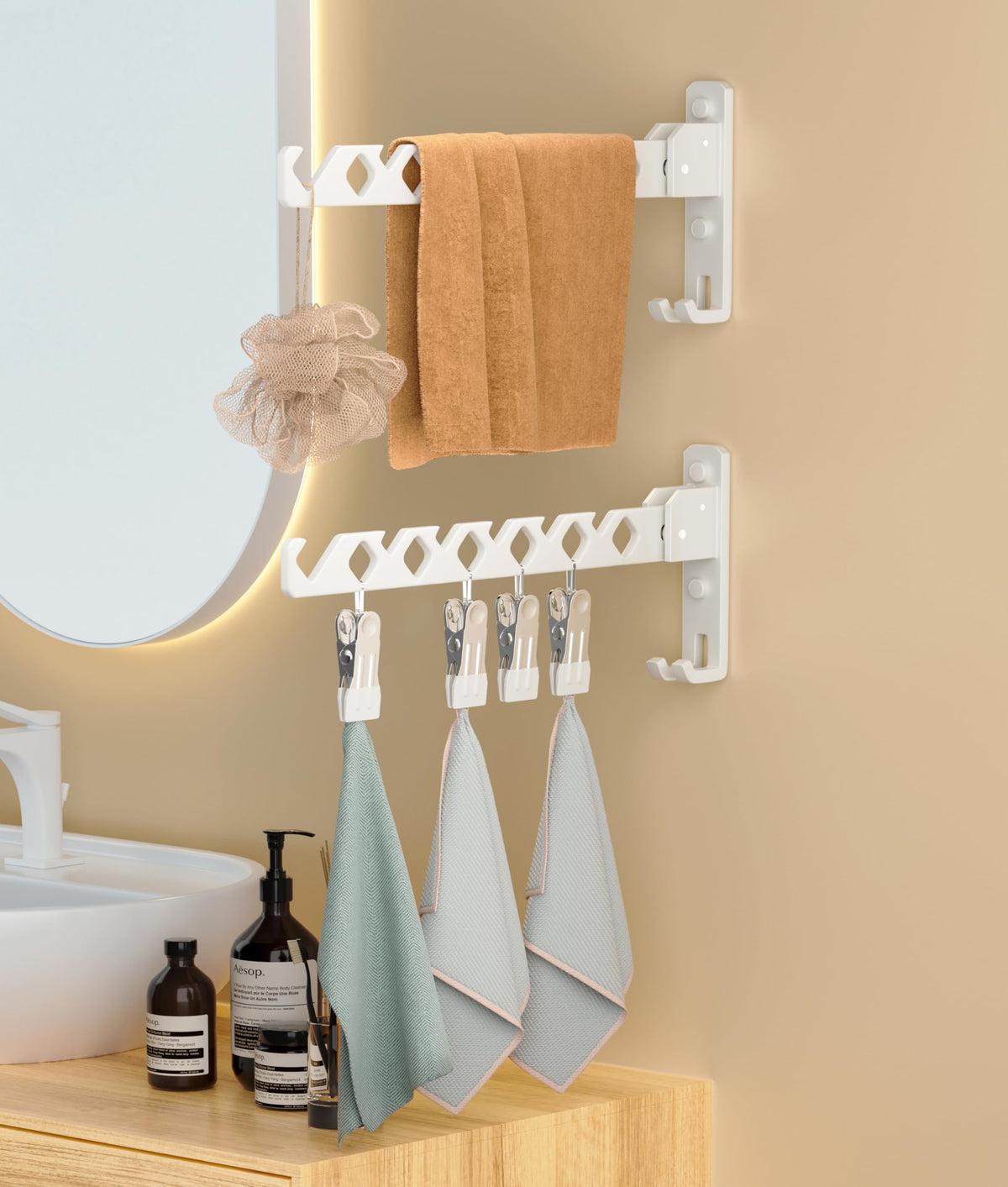 Wall Mount Coat Hanger Holder White Clothes Drying Organizer Rack Garment Hooks Aluminium Retractable Folding Indoor Wall Mounted Hanger Space Saver for Laundry Room Bedroom White 2 Pack with 8 Hooks (2 Count)