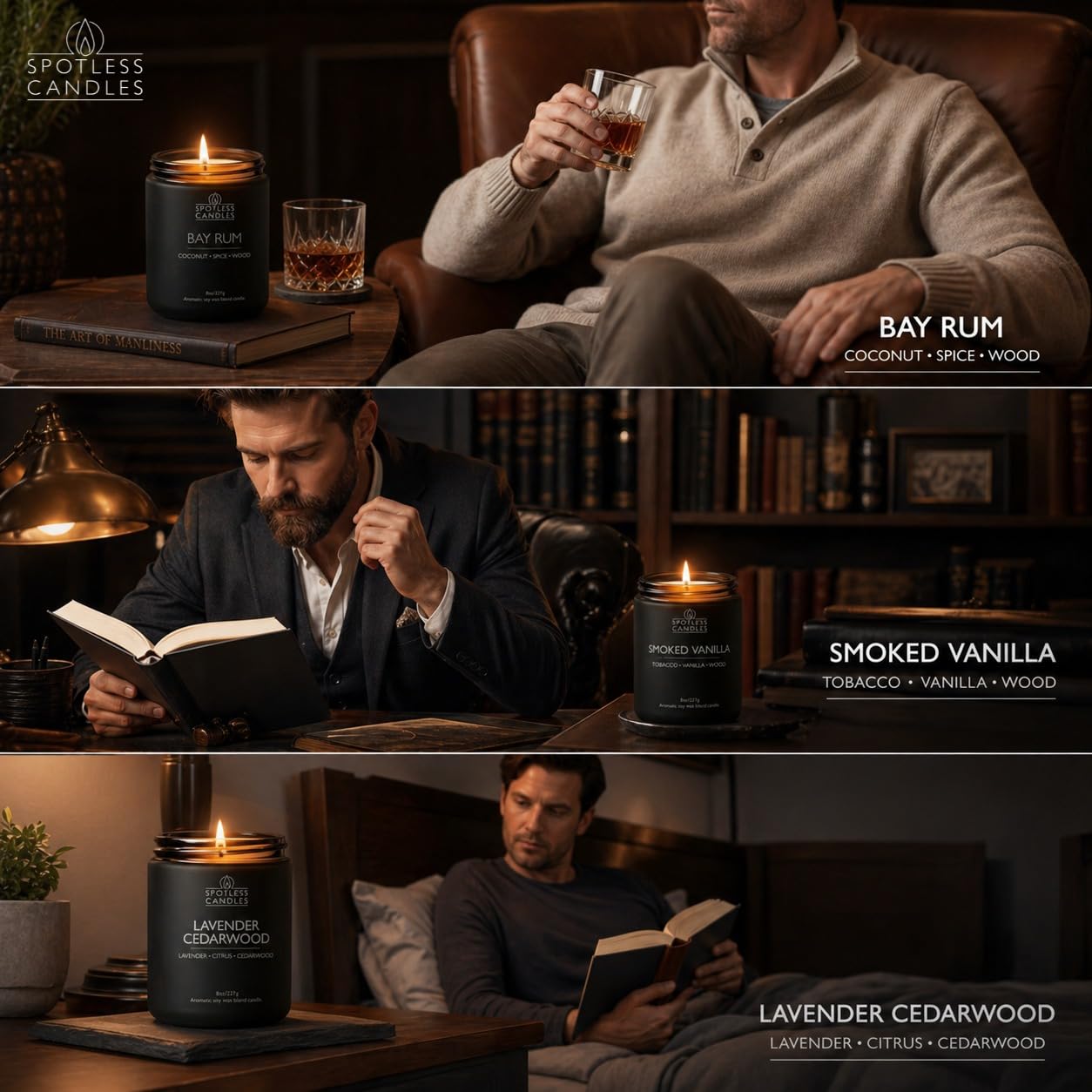 Mens Candle 3 x 8oz Pack Smoked Vanilla Bay Rum and Lavender Cedarwood Scents (3 Count)