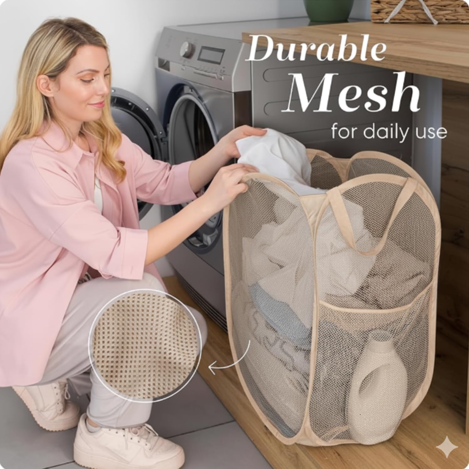 Collapsible Mesh Pop Up Laundry Hamper with Side Pocket