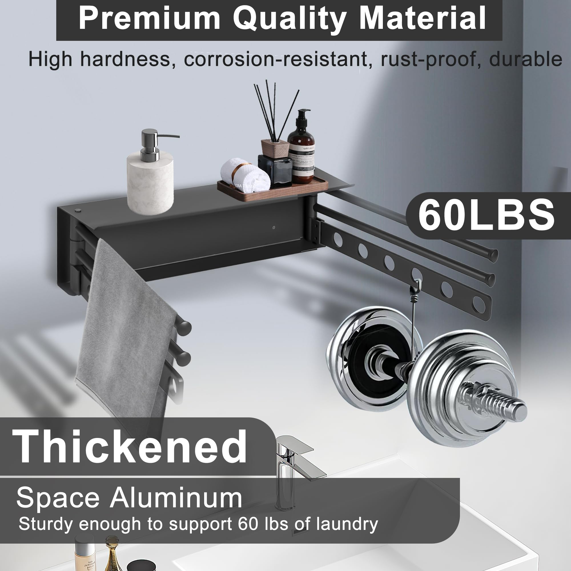 Aluminum Wall Mounted Foldable Swinging Clothes Drying Rack 50lbs Load