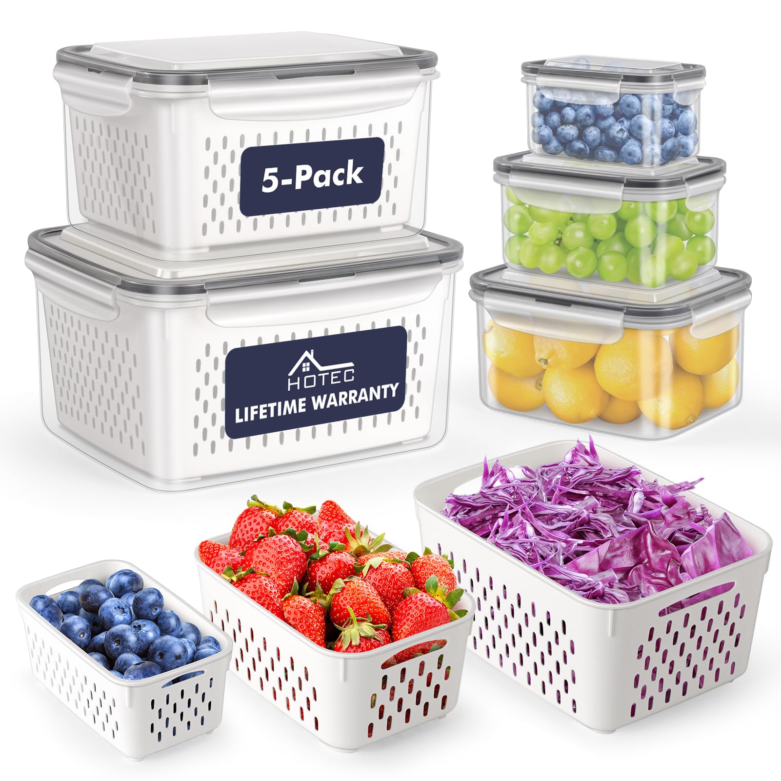 5 Pack Large Fruit Storage Container for Fridge Leak proof with Removable Colander (140.3282 Fl Oz)