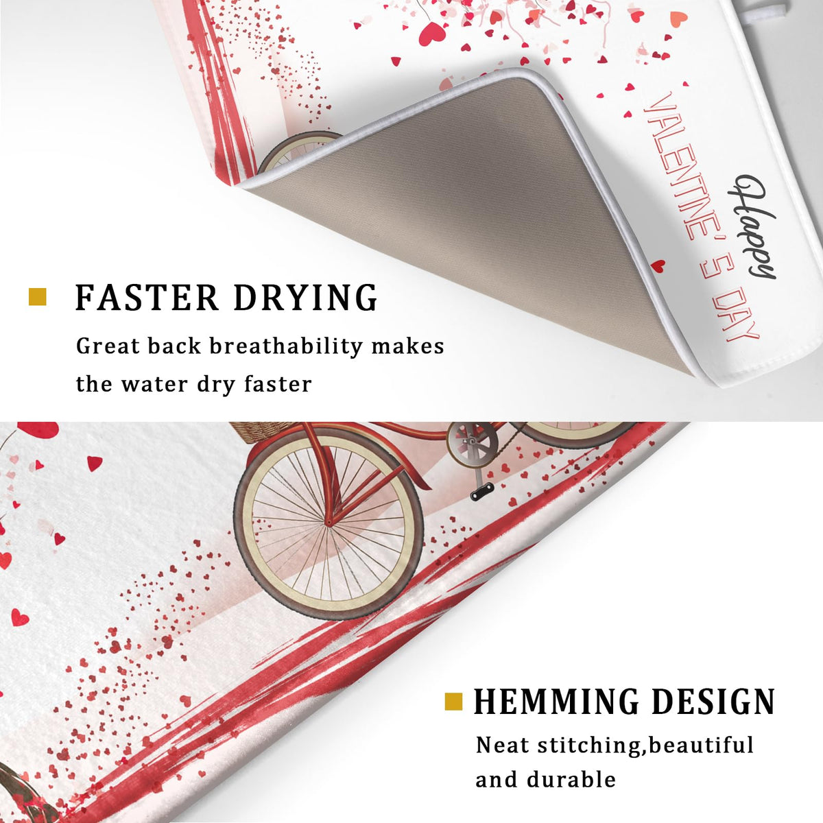 Romantic Valentine's Day Dish Drying Mat for Kitchen Valentines Bike and Tree Dish Drying Pad 18x16 Absorbent Reversible Happy Valentine Dishes Drainer Pad Holiday Dish Drying Rack Mat for Countertop