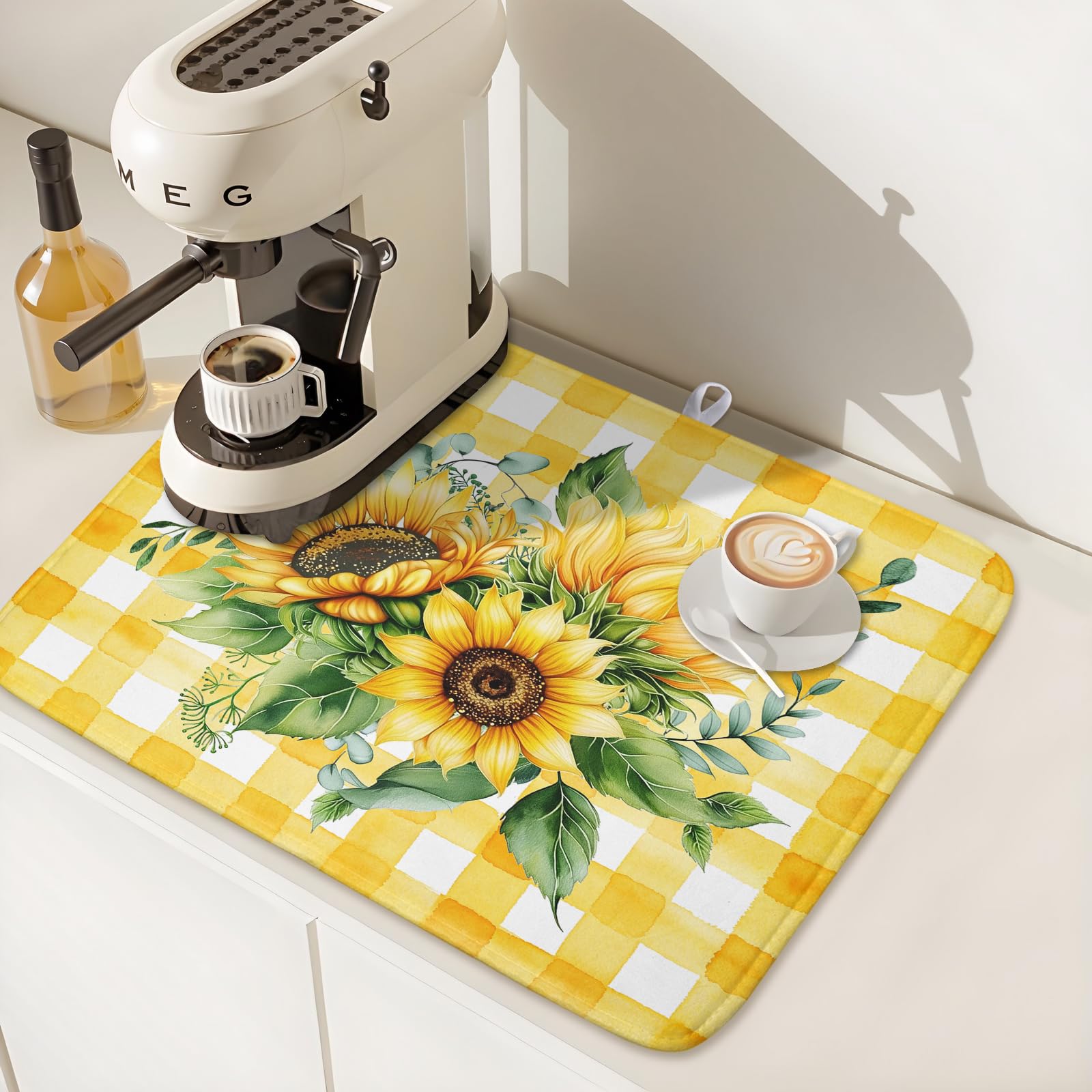 Sunflower Dish Drying Mat 16x18 Inch Absorbent Reversible Summer Sunflower Drying Mat Summer Plaid Dish Drying Rack Mat Yellow Summer Themed Dish Drainer Mat for Kitchen Counter Coffee Bar
