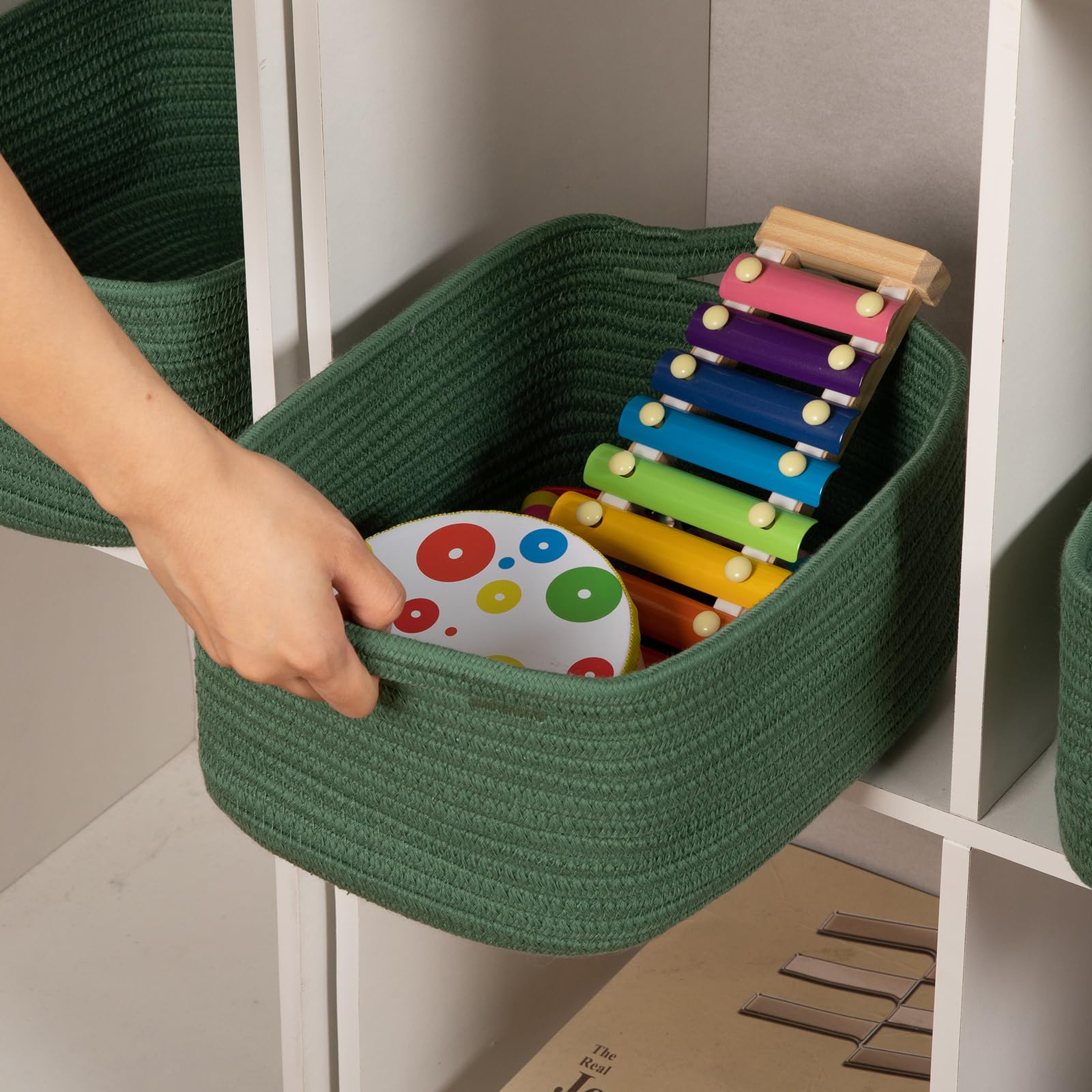 3 Pack Storage Baskets for Shelves Cotton Rope Storage Bins Green (3 Count)