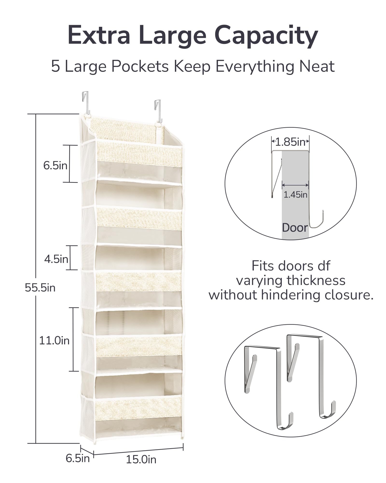 1 Pack Over Door Organizer with 5 Large Pockets 10 Mesh Side Pockets