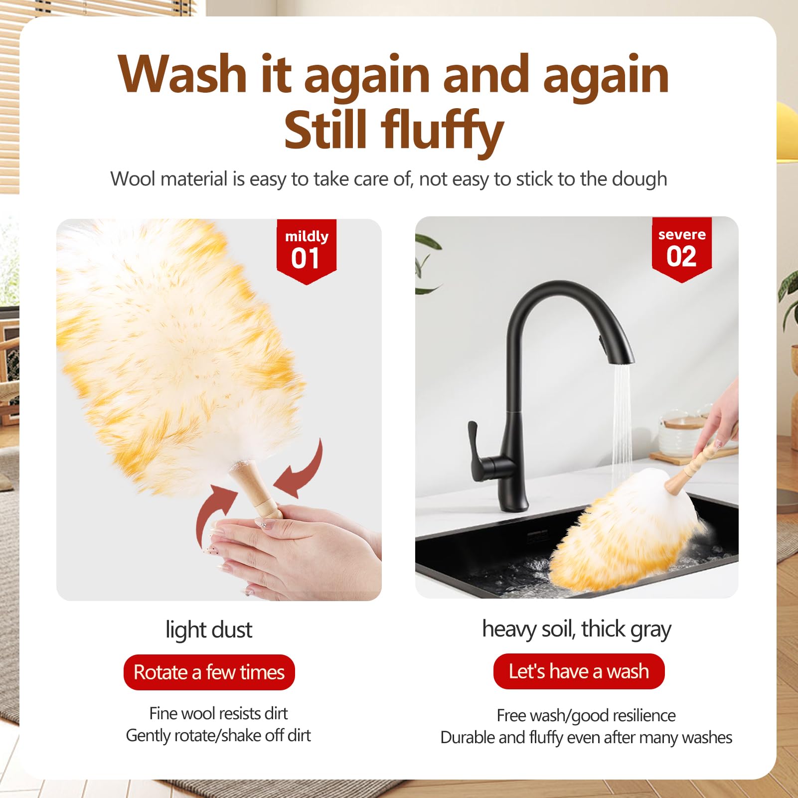 Lambswool Duster for Cleaning with Solid Wooden Handle Leather Hang Strap 19.6 inch Natural Feather Duster for Cleaning Ceiling Fans Window Blinds Computer Furniture (2 Count)