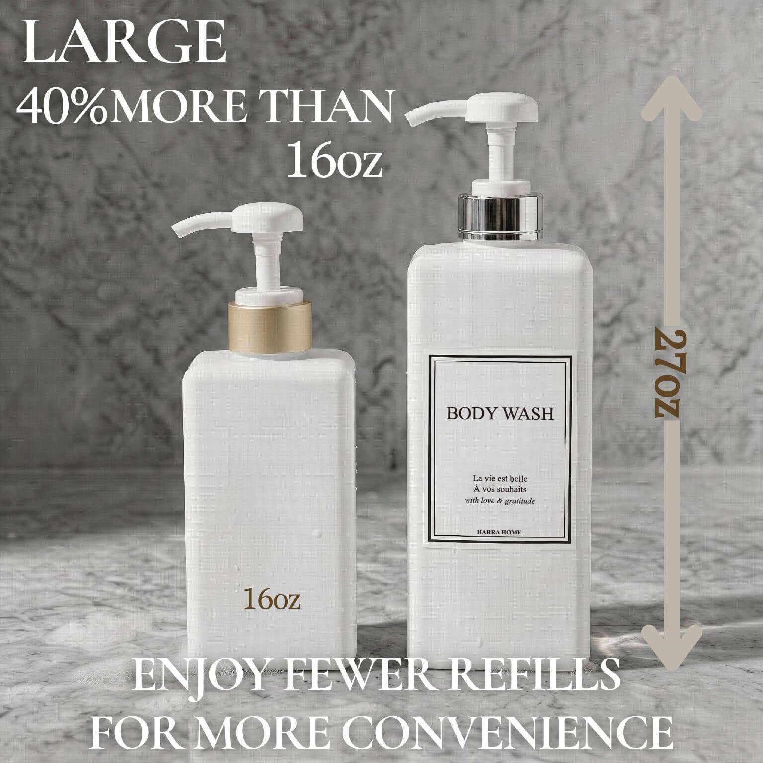 Modern Gold Design Pump Bottle Set 27 oz Refillable Shampoo and Conditioner Dispenser Empty Shower Plastic Bottles with Pump for Bathroom Lotion Body wash (3 Count)