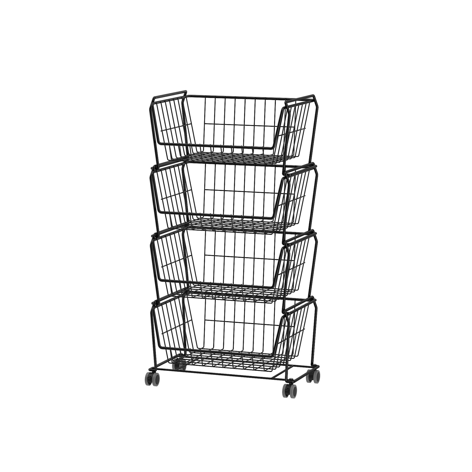 4 Tier Spacious Stackable Wire Storage Baskets with Wheels