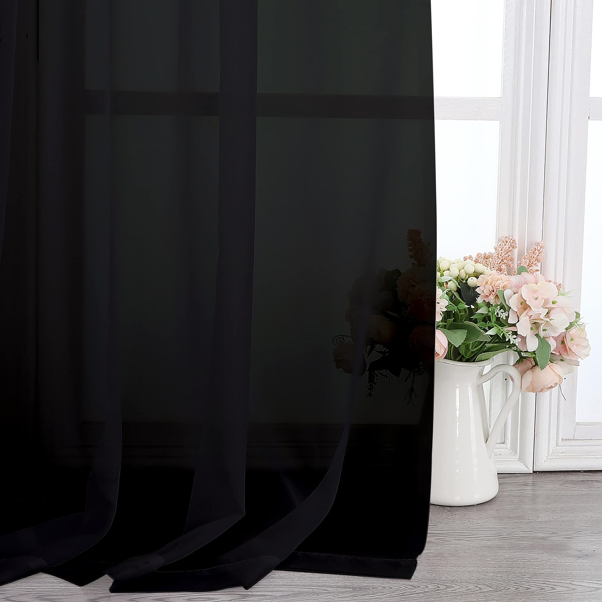 Extra Long Black Sheer Curtains 144 inch 2 Panels Set