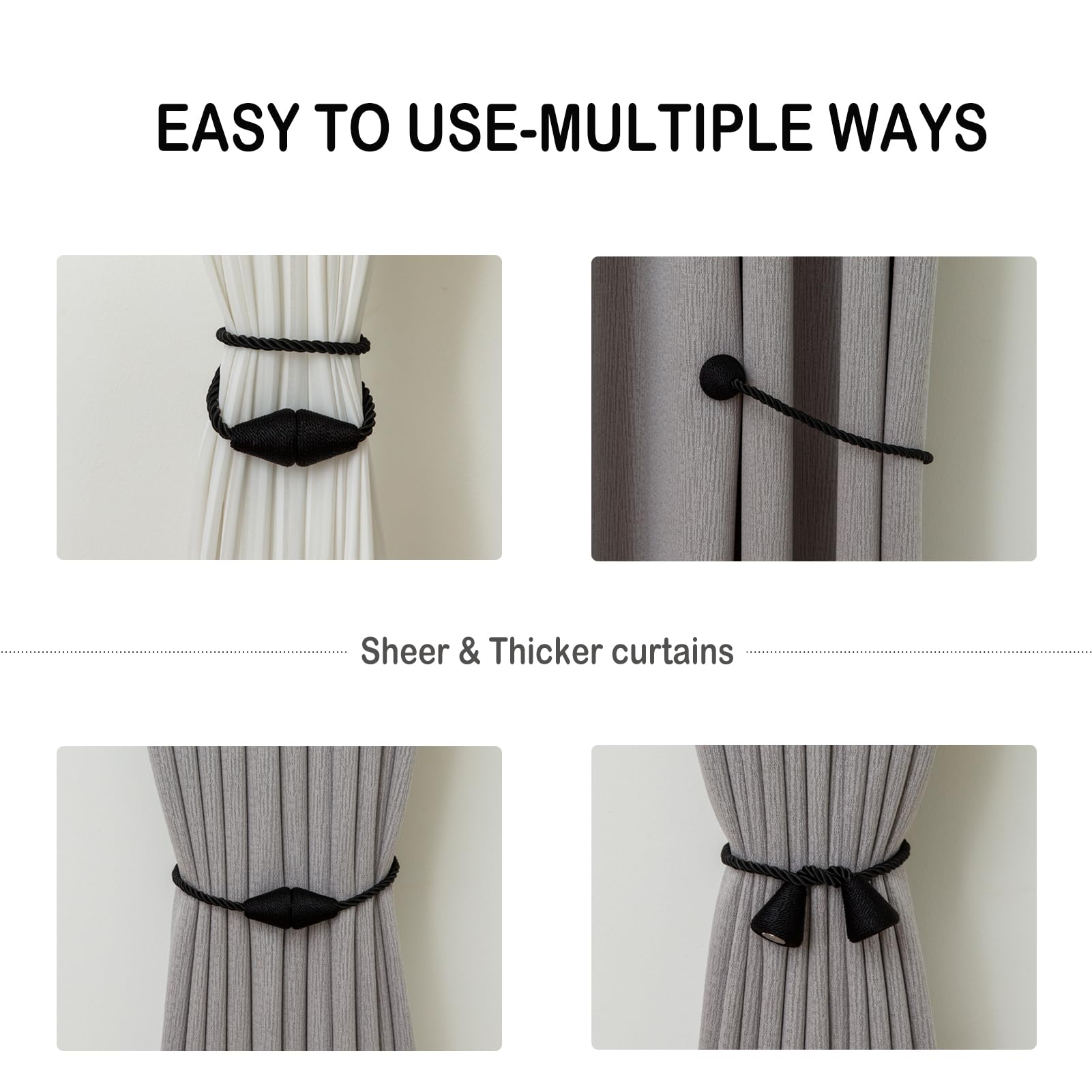 Magnetic Curtain Tiebacks 6 Pack Outdoor Rope Curtain Tie Backs Decorative Window Treatment Holdbacks for Home Decorative Curtain (6 Count)