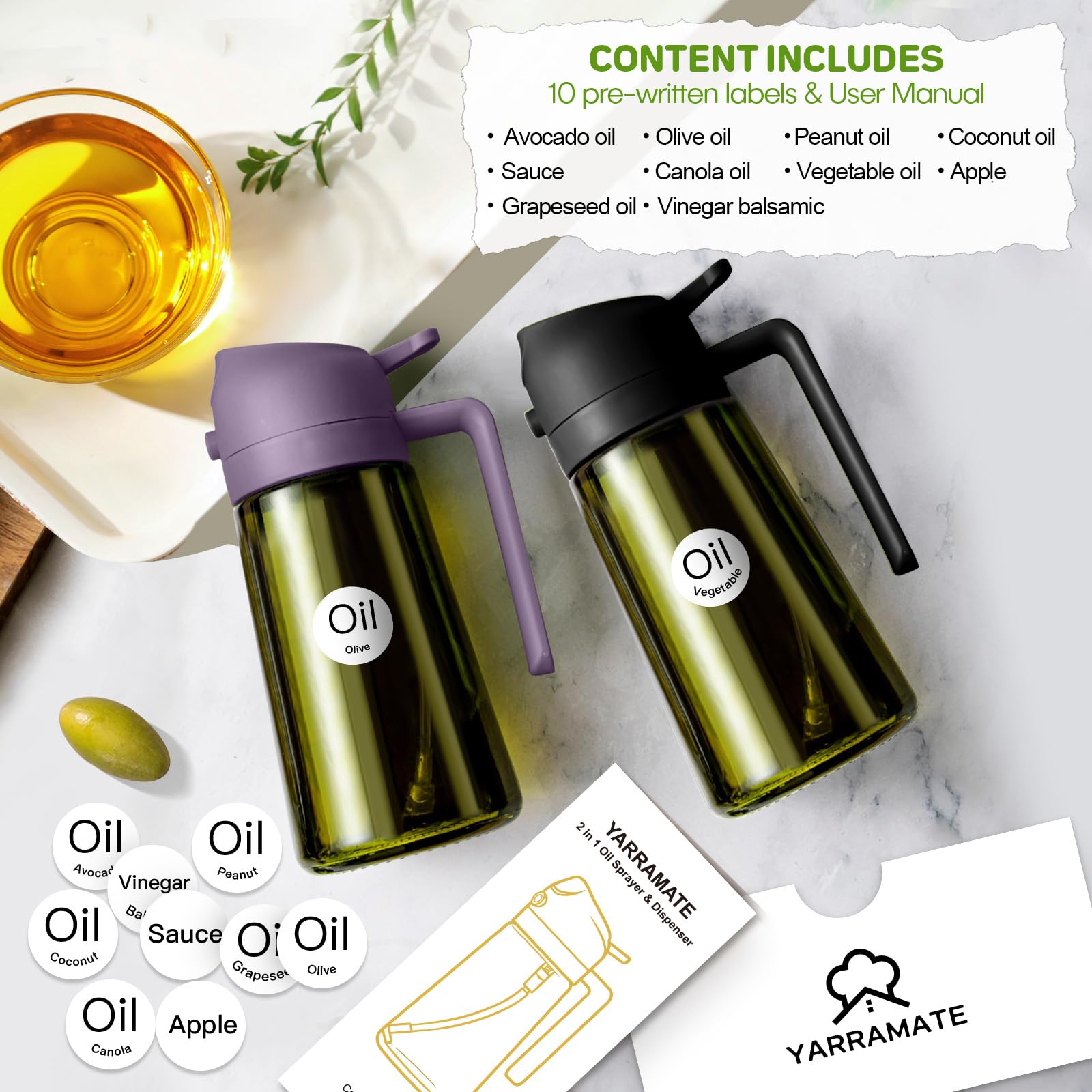 2Pcs 16oz 470ml Dark Green Oil Sprayer for Cooking with Stickers
