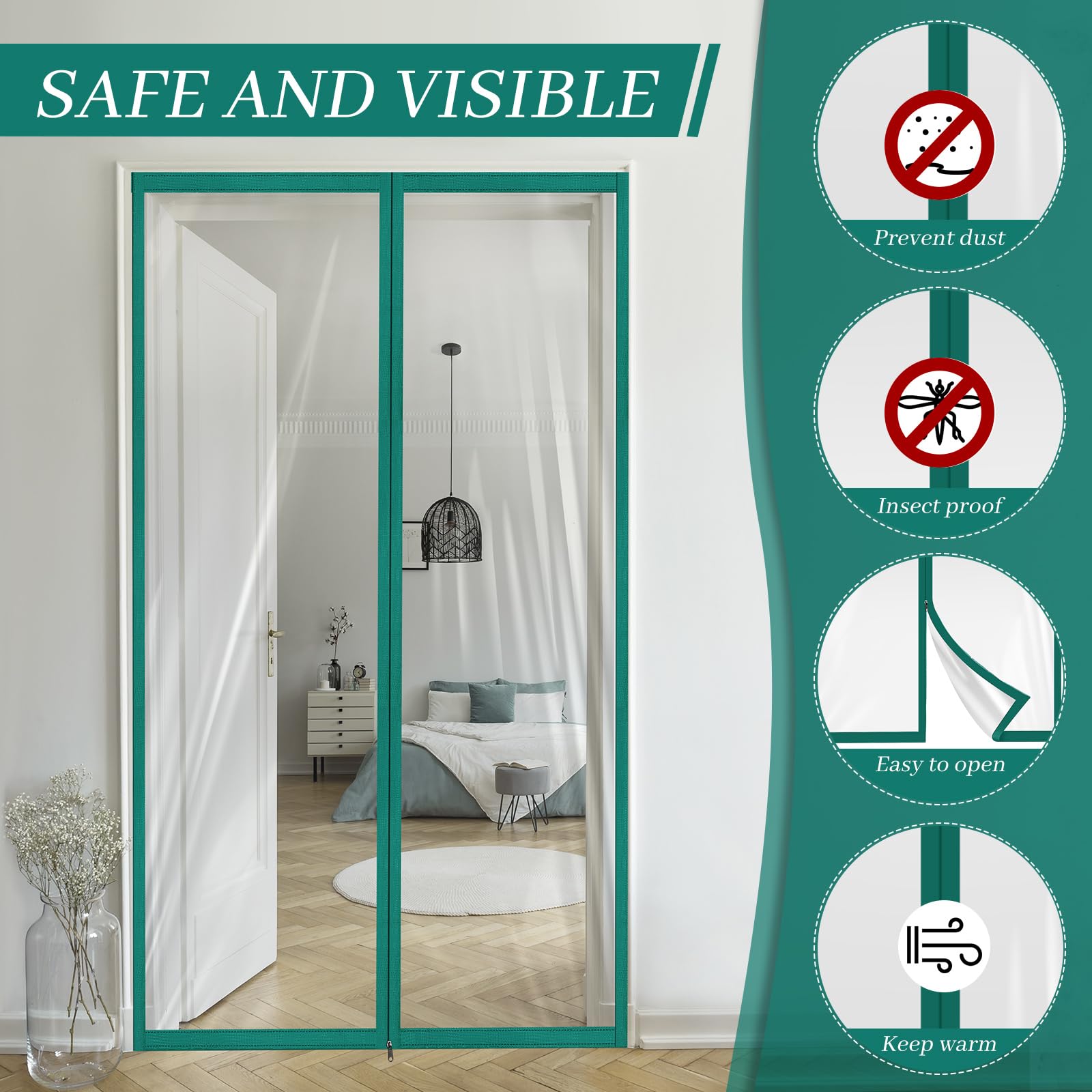 Zipper 60 x 102 Inch Dust Barrier Kit Construction Door Barrier 5 x 8.5 ft Reusable Plastic Curtain Cover Containment Standard Doorway Temporary Wall Screen Green Sheeting for Bathroom Hallway