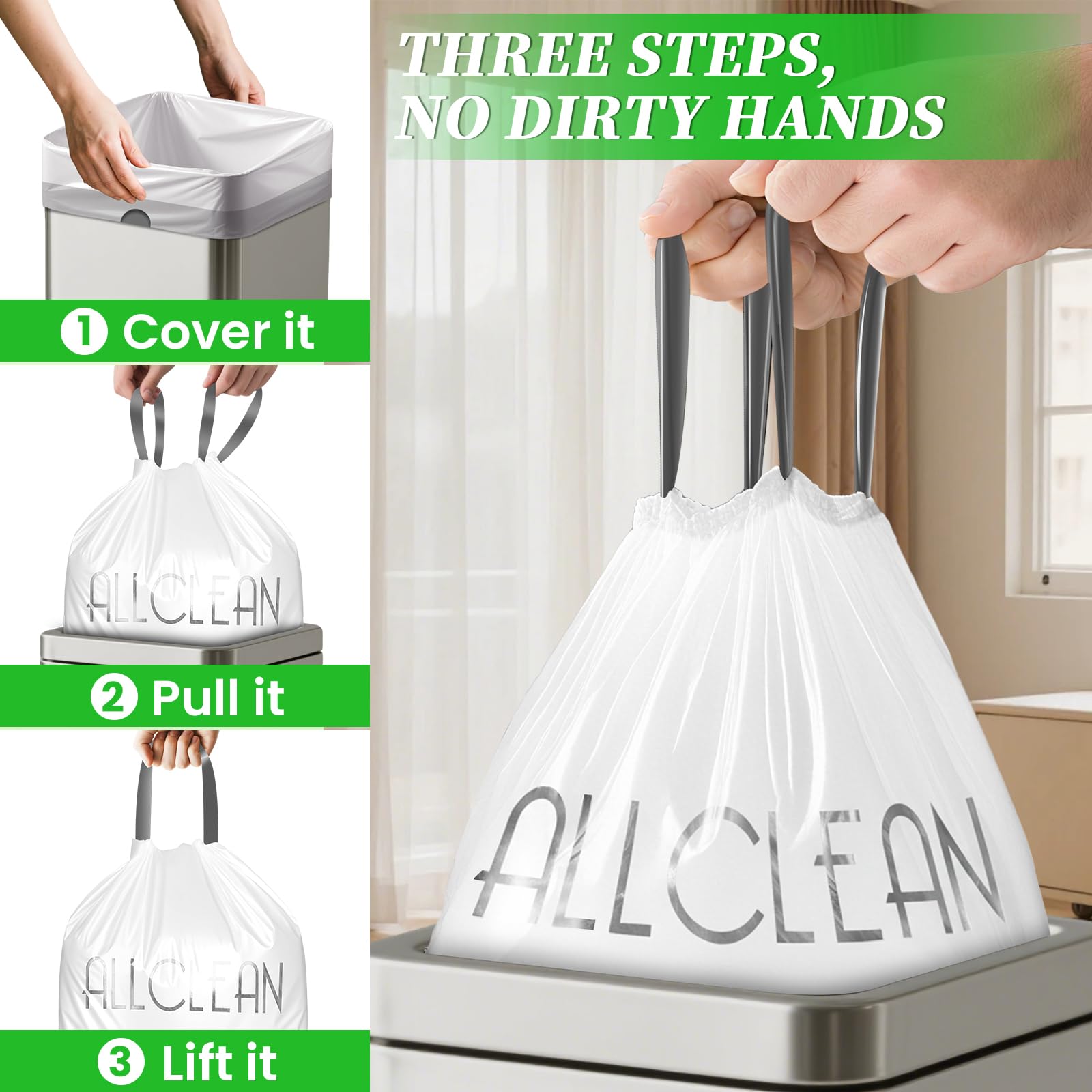 Trash Bags 15 Gallon Tall Kitchen Drawstring Garbage Bag