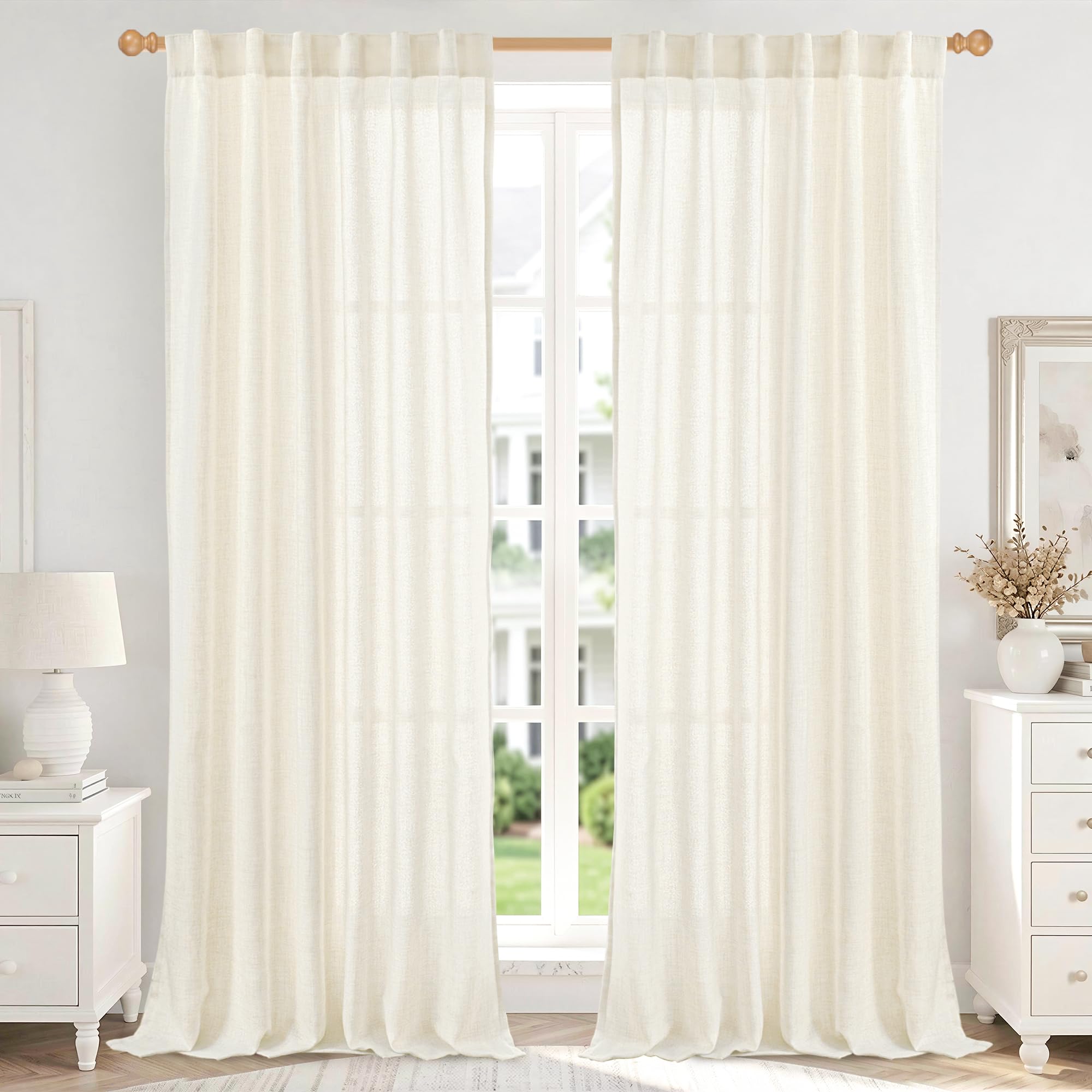 Ivory Linen Curtains 108 Inch Length for Living Room (2 Count)