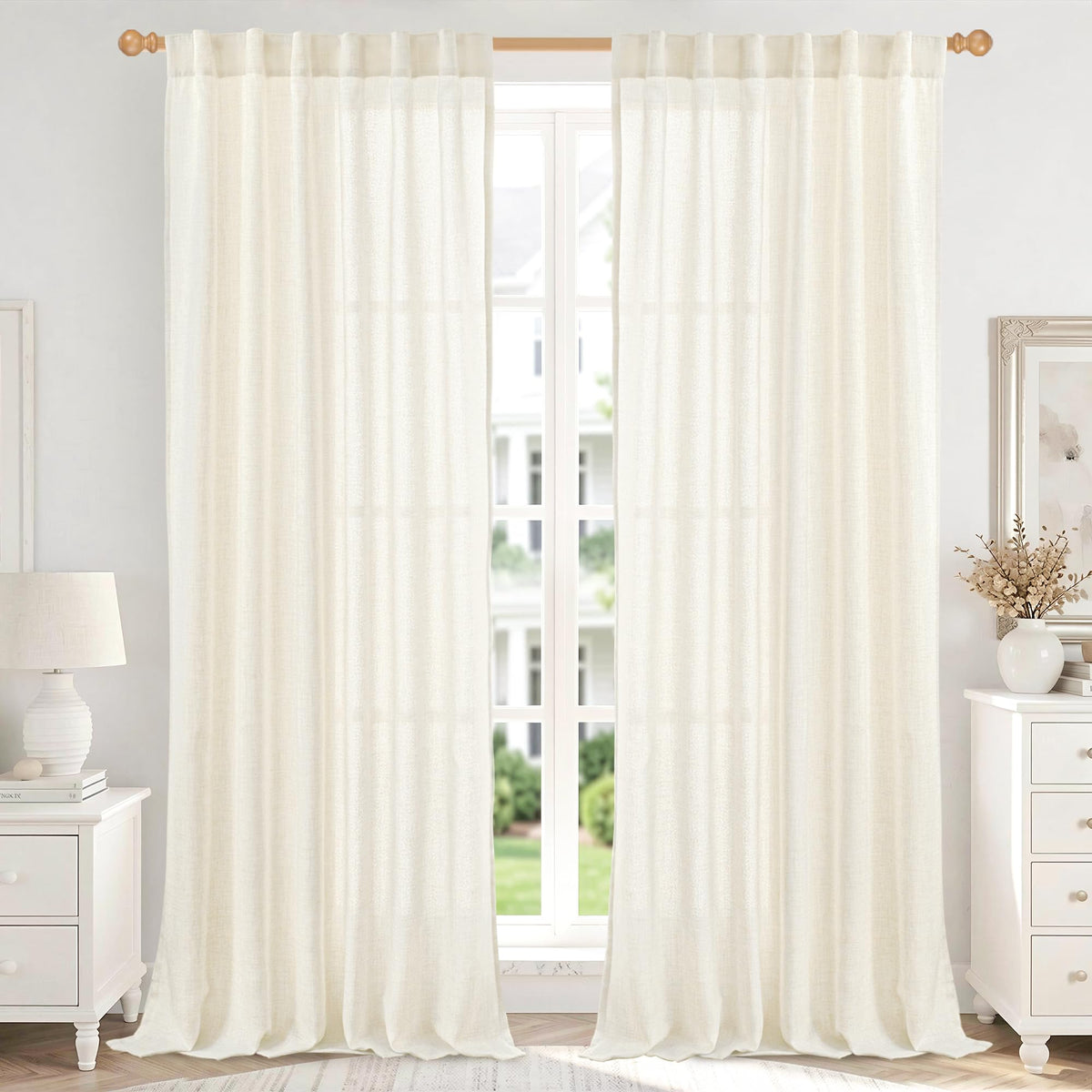 Ivory Linen Curtains 90 Inch Length for Living Room (2 Count)