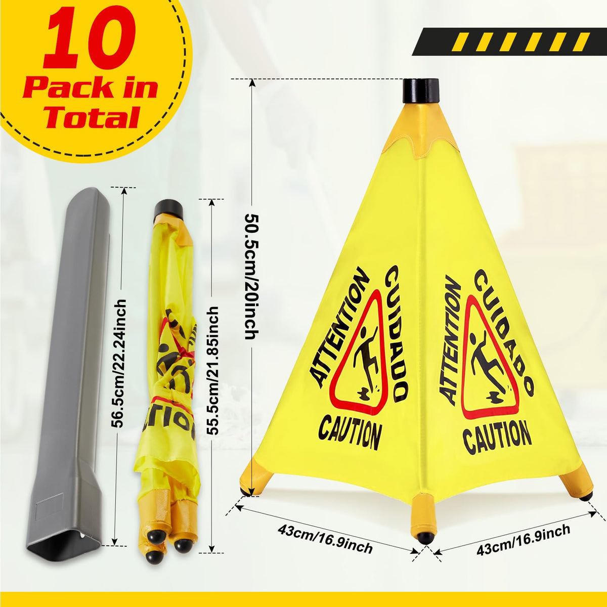 10 Pcs Pop up Wet Floor Sign with Storage Tube 20 Inch Wet Safety Signs Commercial Caution Safety Cone Pop up Caution Sign for Commercial Stores Grocery Restaurant Restroom Office Use (10 Count)