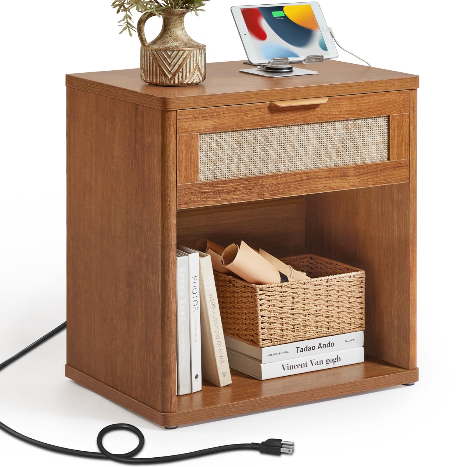 Rattan Nightstand with Charging Station