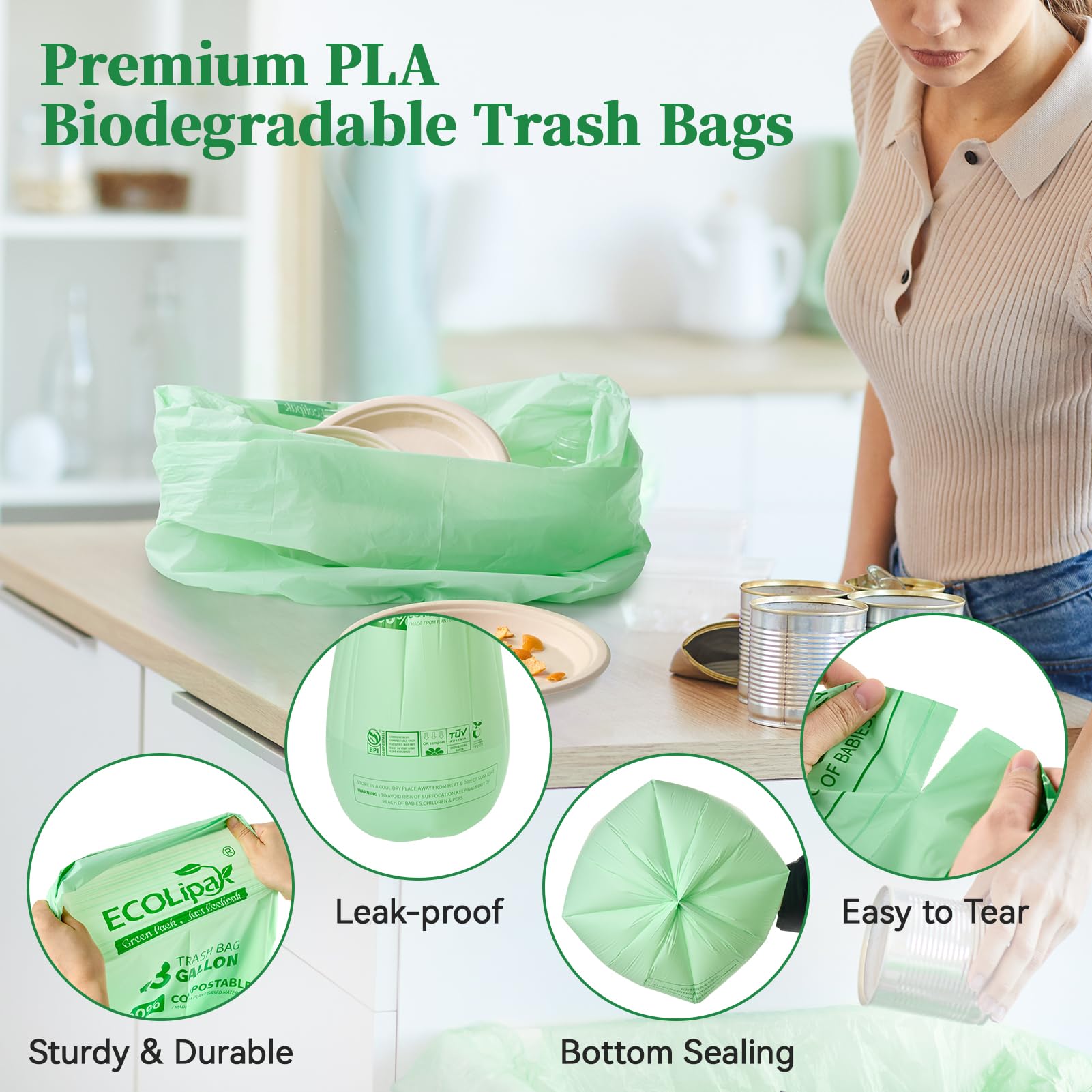 13 Gallon 50 Count Compostable Kitchen Trash Garbage Bags