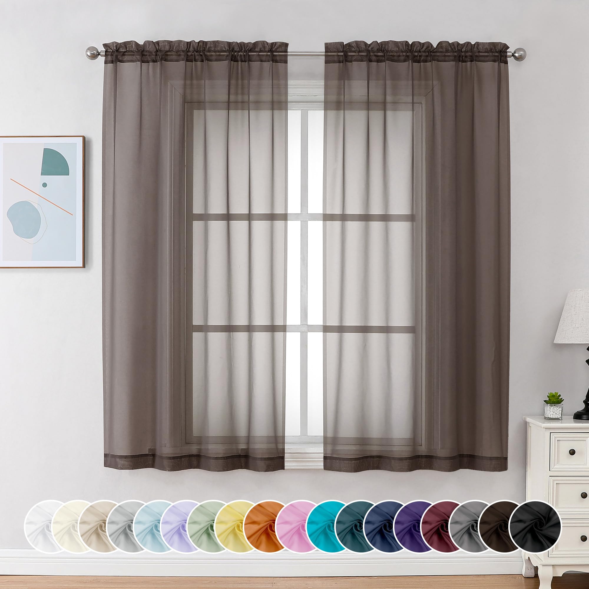 Chocolate Brown Sheer Curtains 54 Inch Long 2 Panels (2 Count)