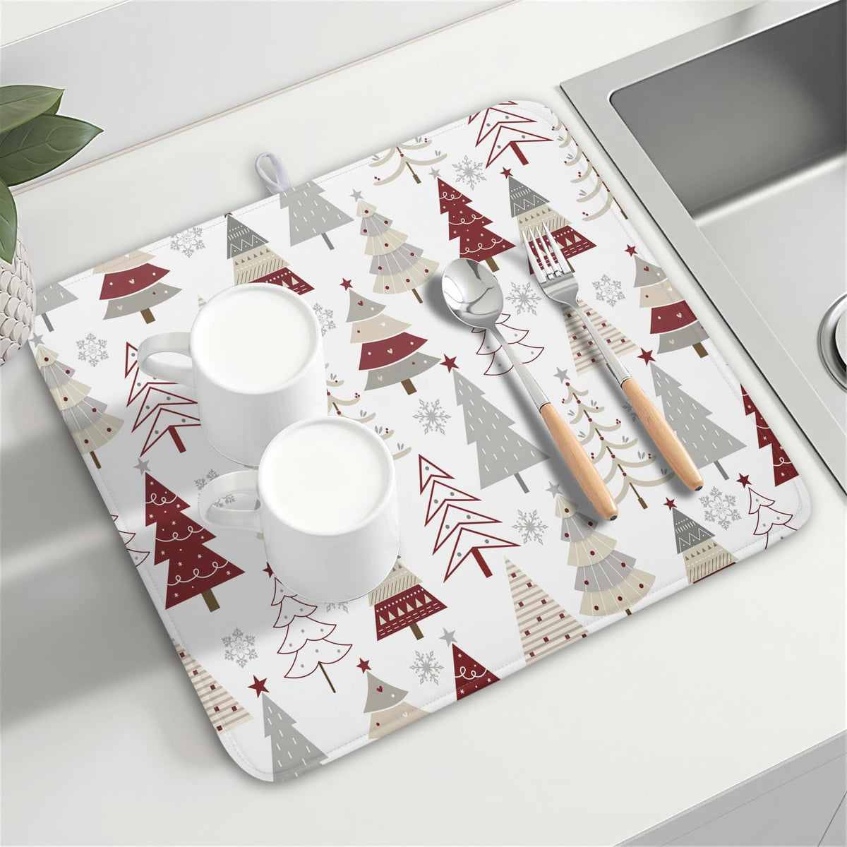 Christmas Tree Dish Drying Mat for Kitchen Counter Christmas Pine Tree Dish Drying Mat 16x18 Inch Geometric Winter Dish Draining Mat Absorbent Reversible Dish Pad Kitchen Accessories Table Protector