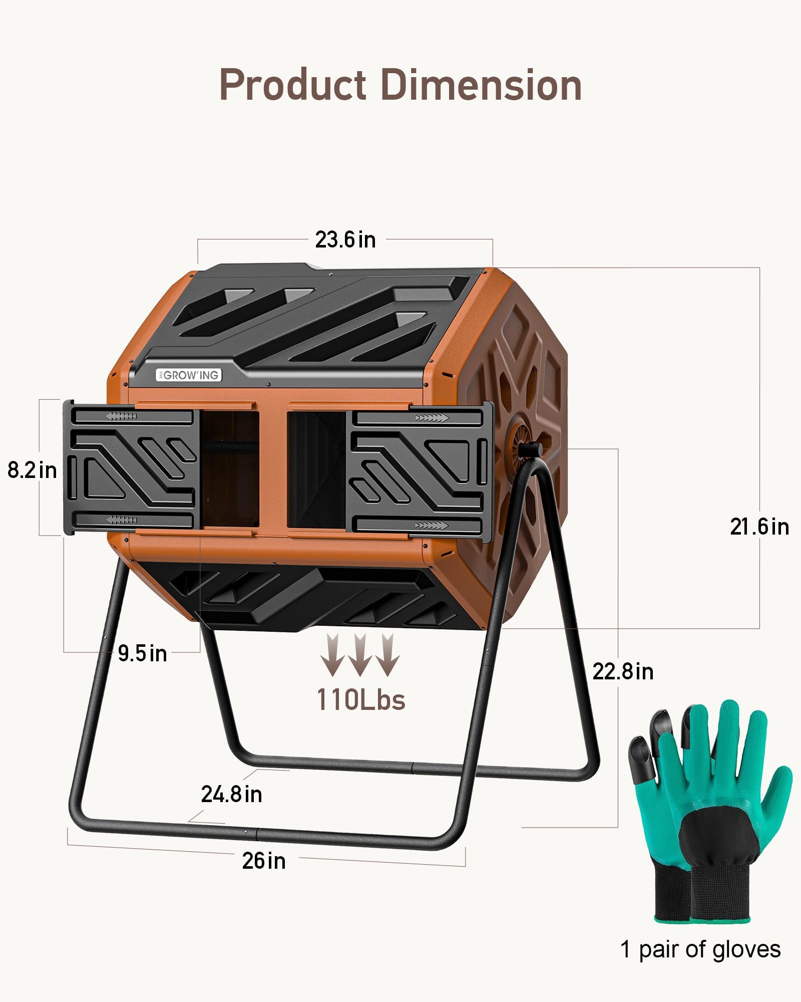 THE Growing 43 Gal Outdoor Compost Bin Tumbler with Thermometer