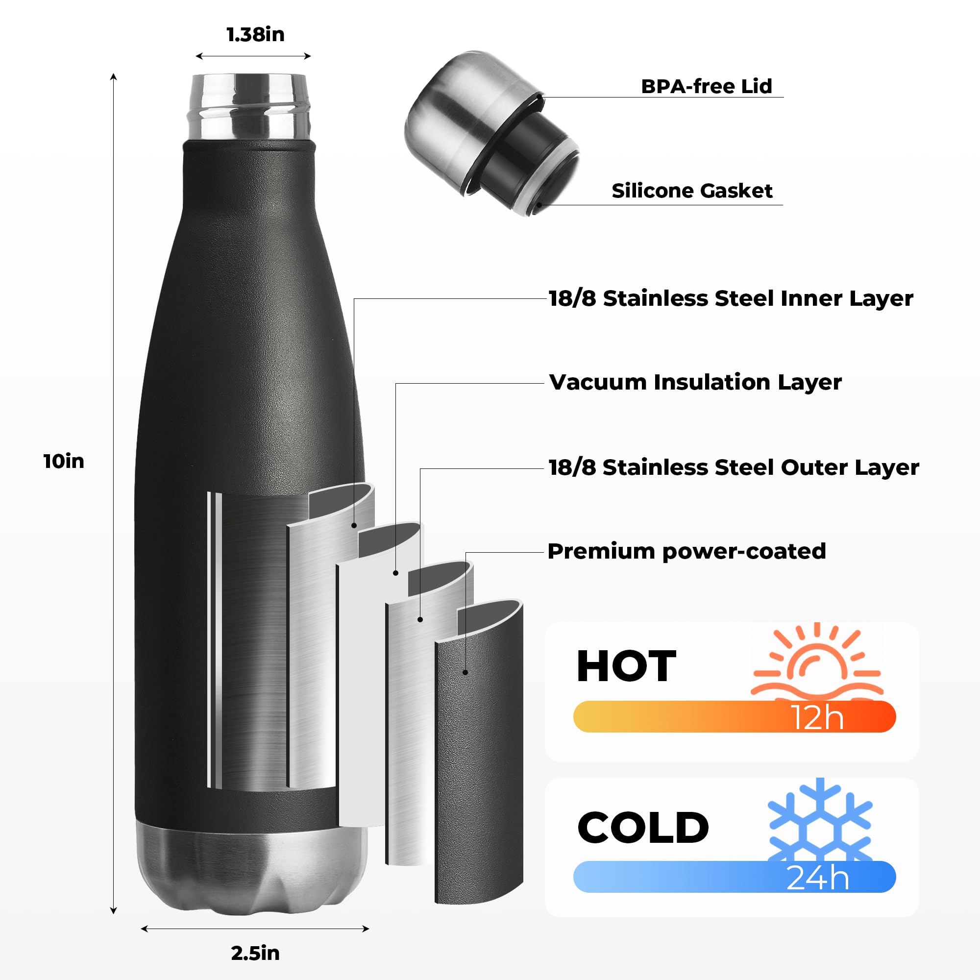 17oz Sport Water Bottle 8 Pack Vacuum Insulated Stainless Steel Leak (8 Count)