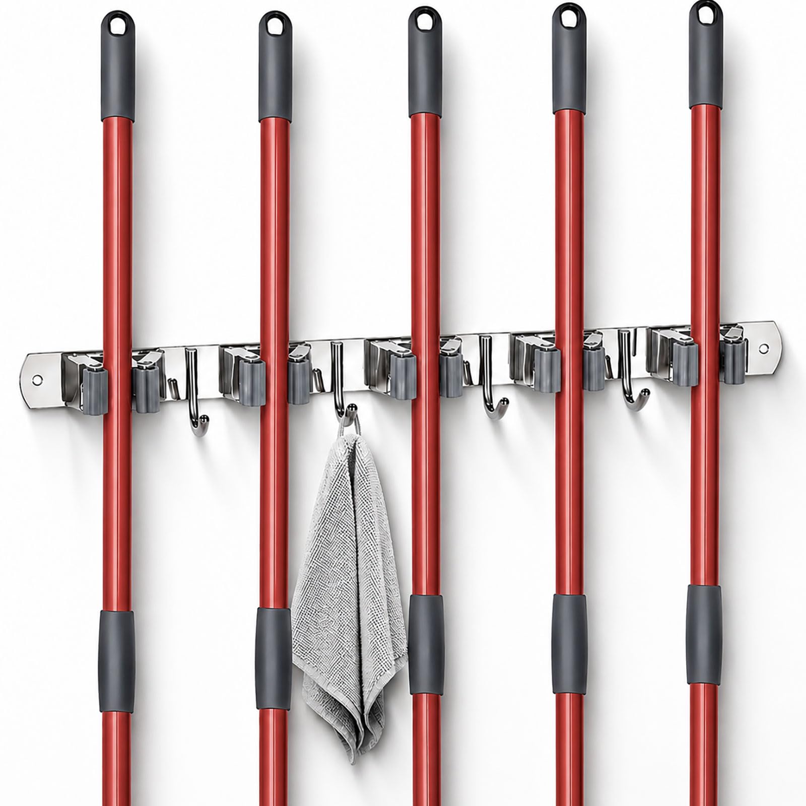 5 Racks and 4 Hooks Mop and Broom Holder Wall Mount
