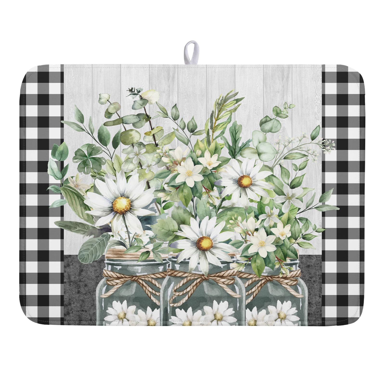Daisy Floral Dish Drying Mat for Kitchen Counter Watercolor Flowers Absorbent Dishes Drainer Rack Mat 18x24 Inch Microfiber Dish Drying Pads Spring Kitchen Drying Dishes Pad Countertops