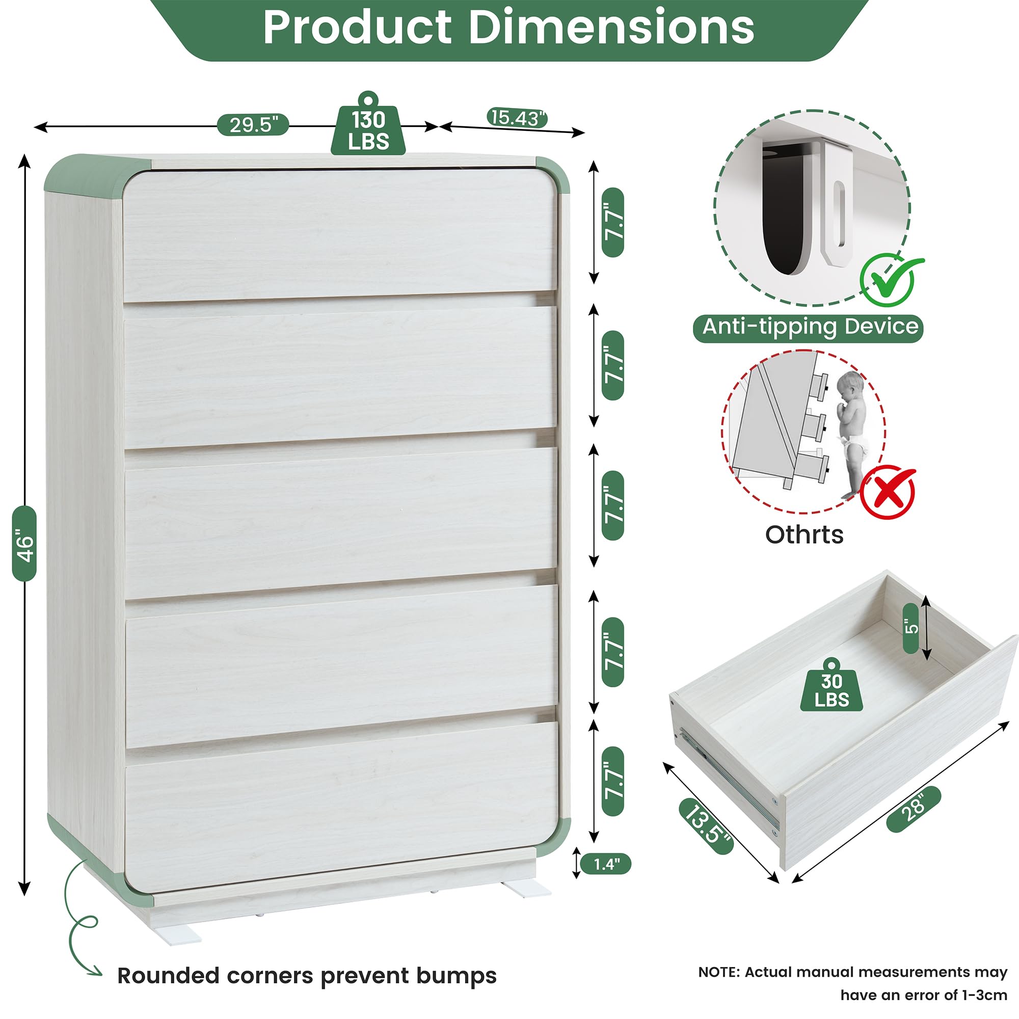 White 5 Drawers Dresser