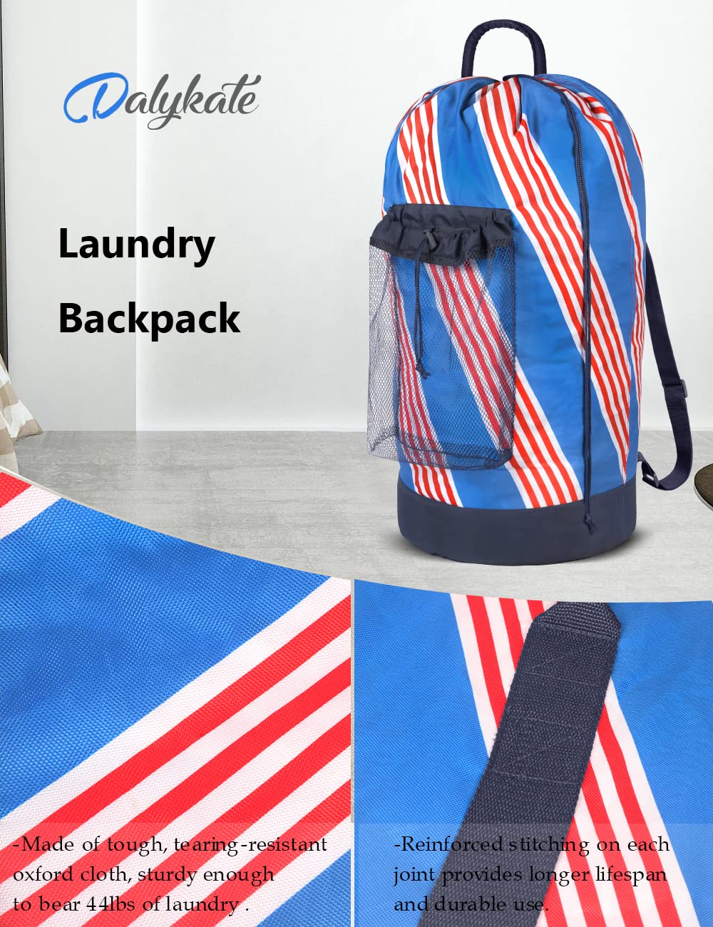 Backpack Laundry Bag with Shoulder Straps and Mesh Pocket Durable Nylon Clothes Hamper Bag with Drawstring Closure for College