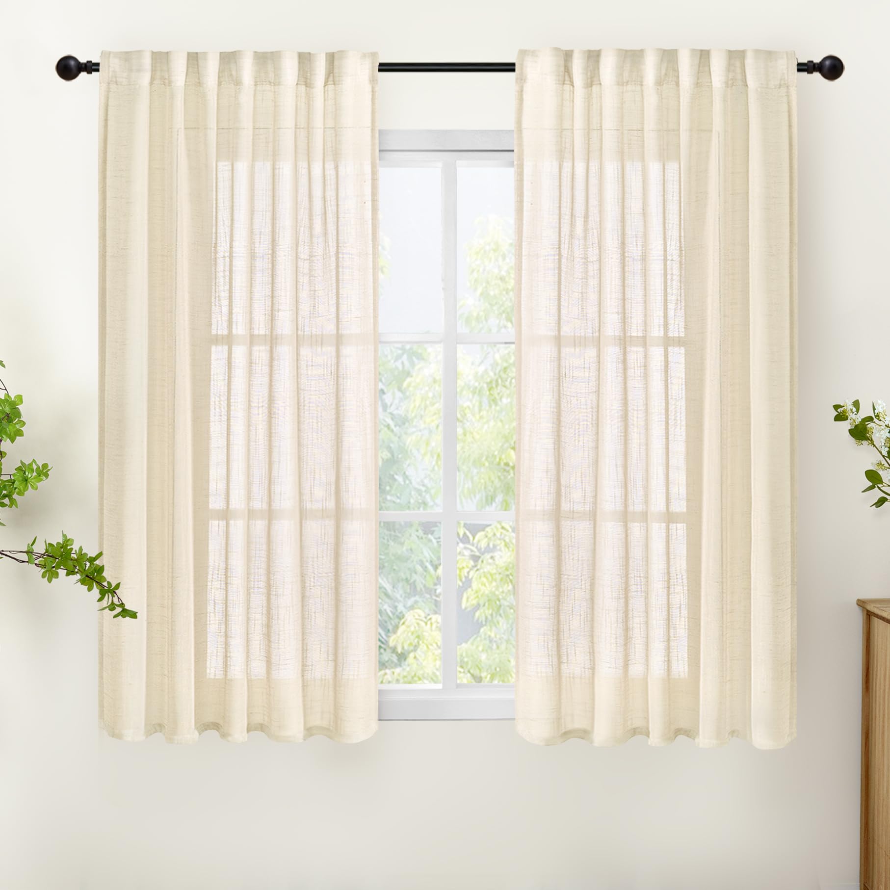 Linen Semi Sheer Curtains 54 Inch Length for Living Room Window (2 Count)