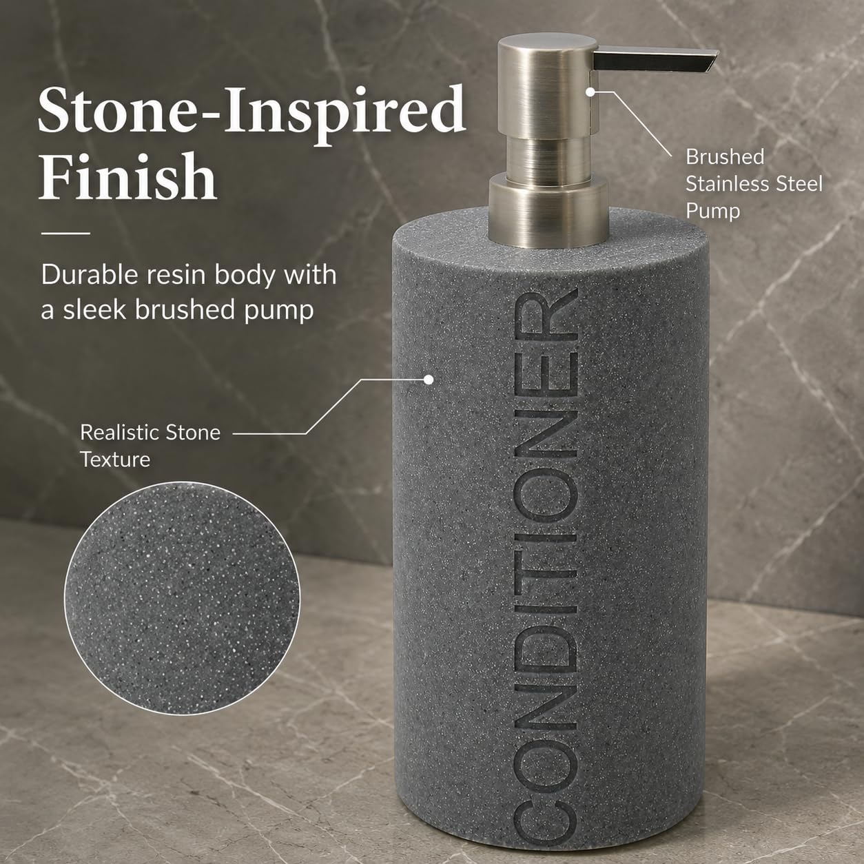Resin Neutral Gray Sandstone Conditioner Engraved Bottle Refillable Pump Dispenser