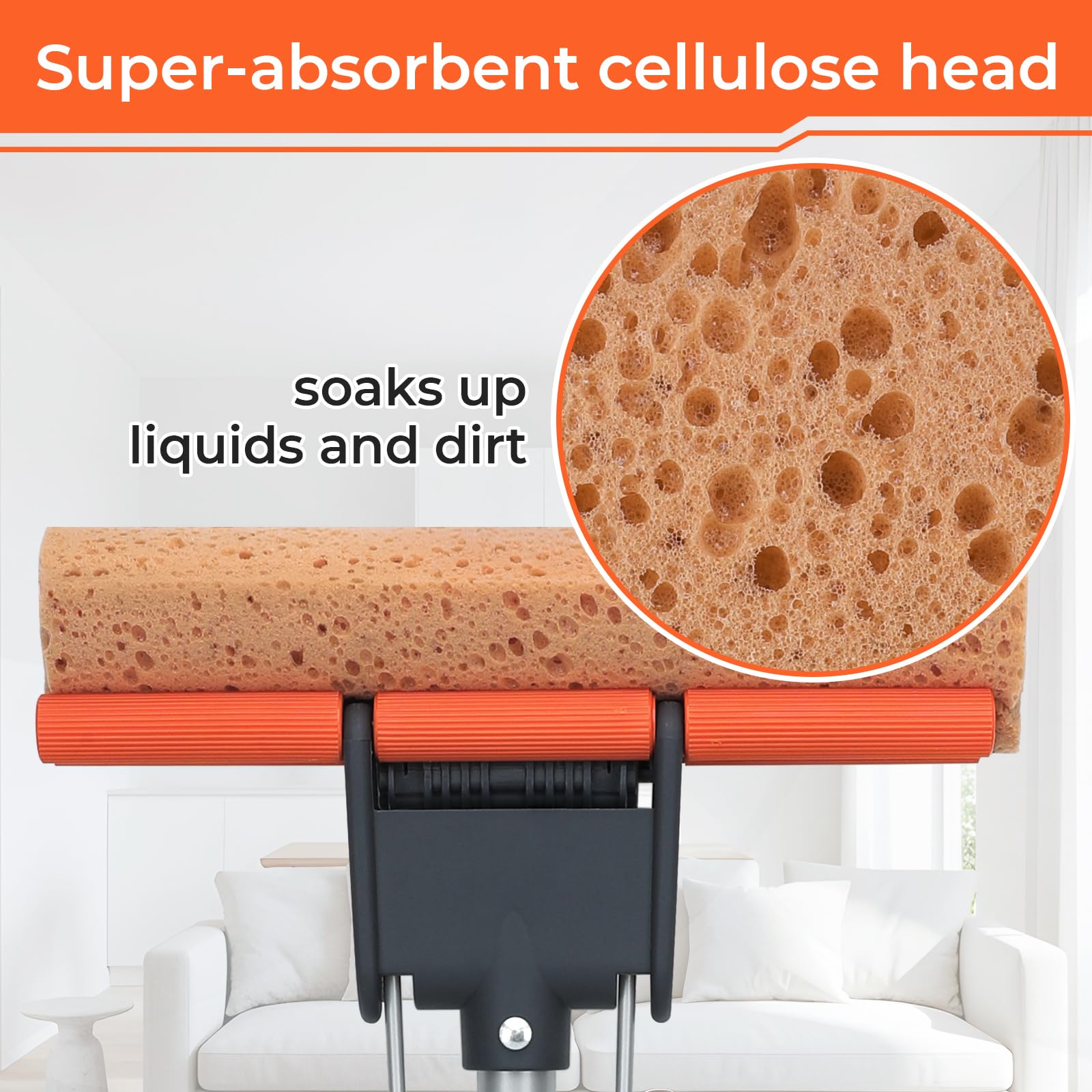 Sponge Mops for Floor Cleaning with 2 Cellulose Mop Head Refills and 55” Long Handle