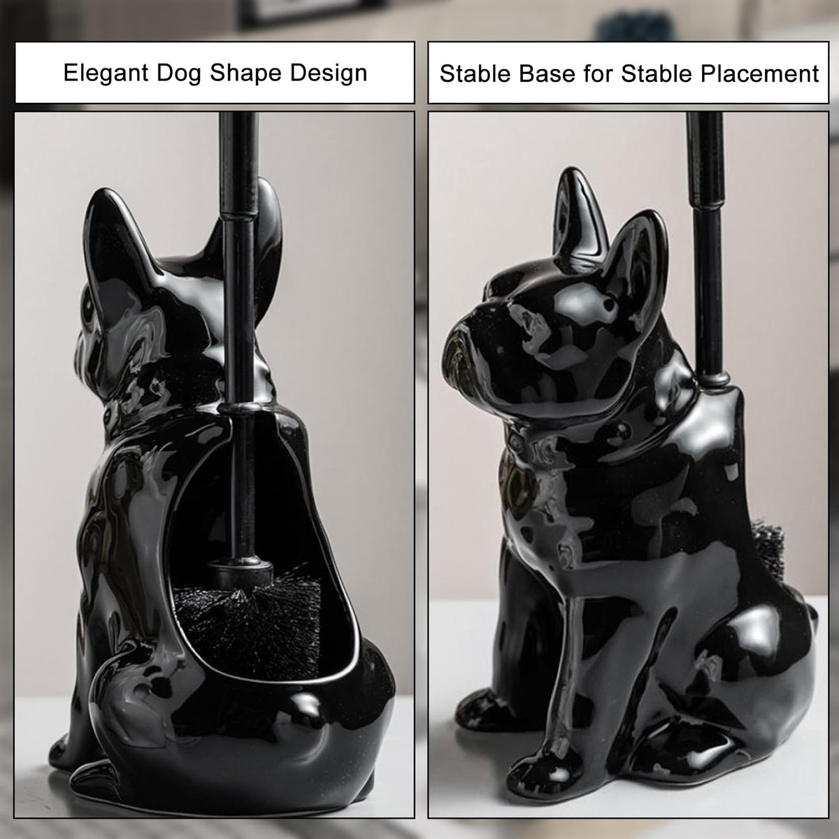 Ceramic Dog Black Toilet Brush and Holder Set with Plastic Handled