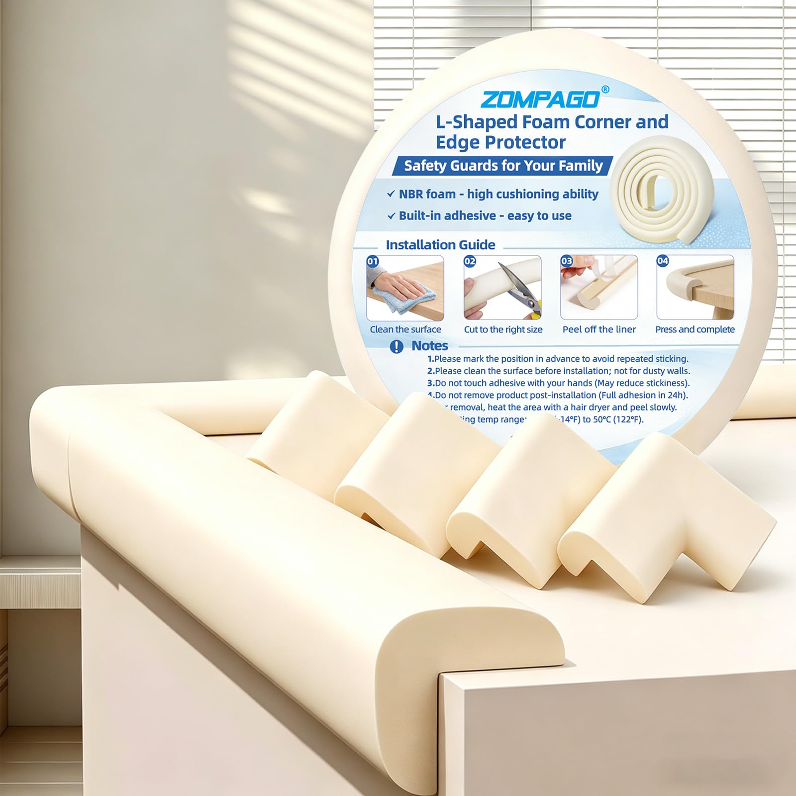 Foam Baby Edge Protector Strip Furniture Safety 1 Roll + 4 Corners (5 Count)