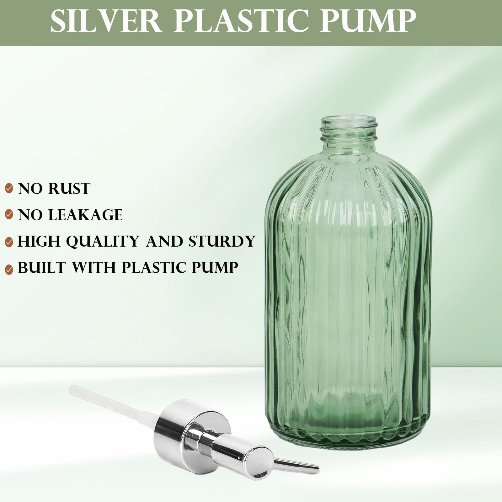 14 Oz Green Glass Soap Dispenser with Silver Plastic Pump