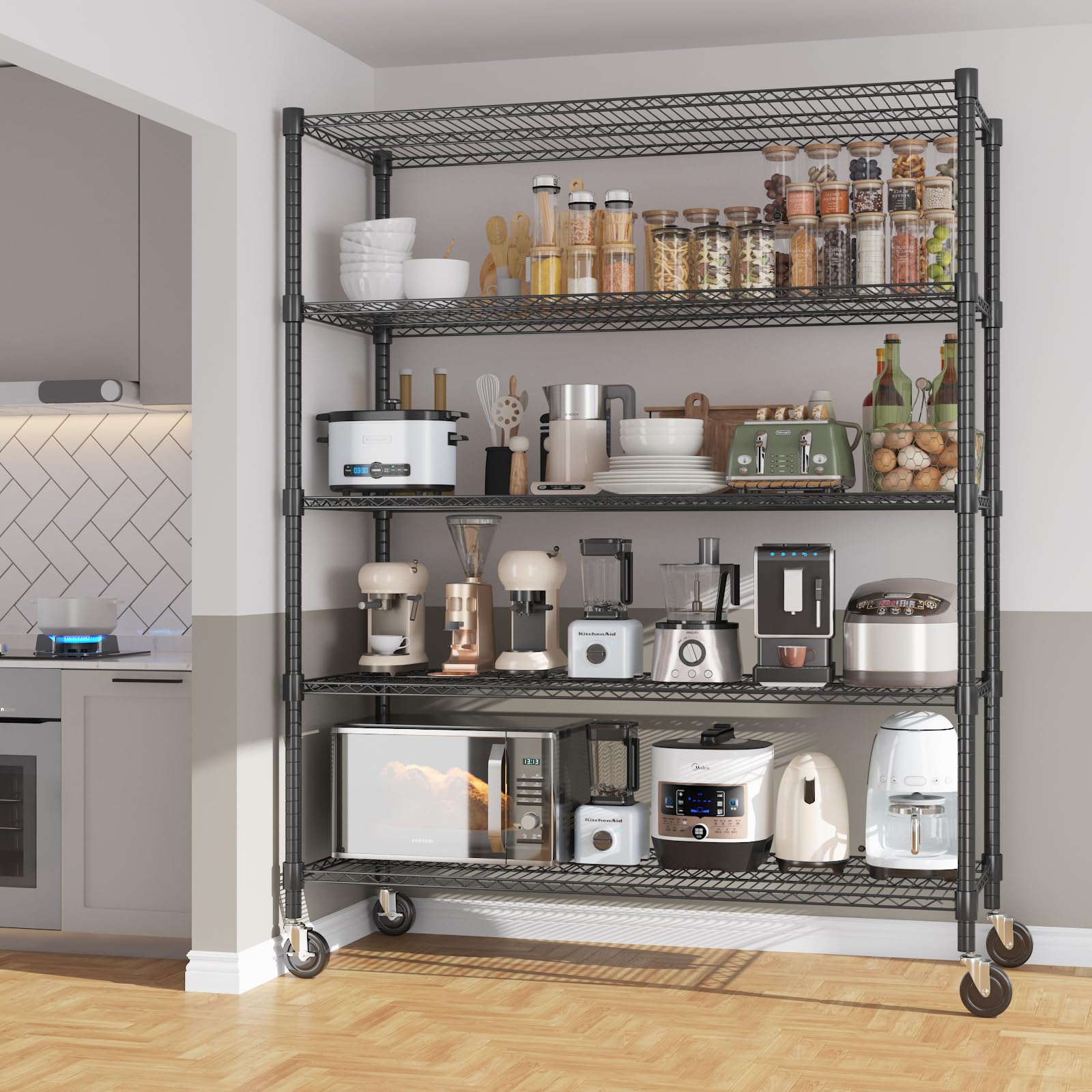 82" H Storage Shelves 5 Tier Metal Shelving Adjustable Wire Shelf with Wheels