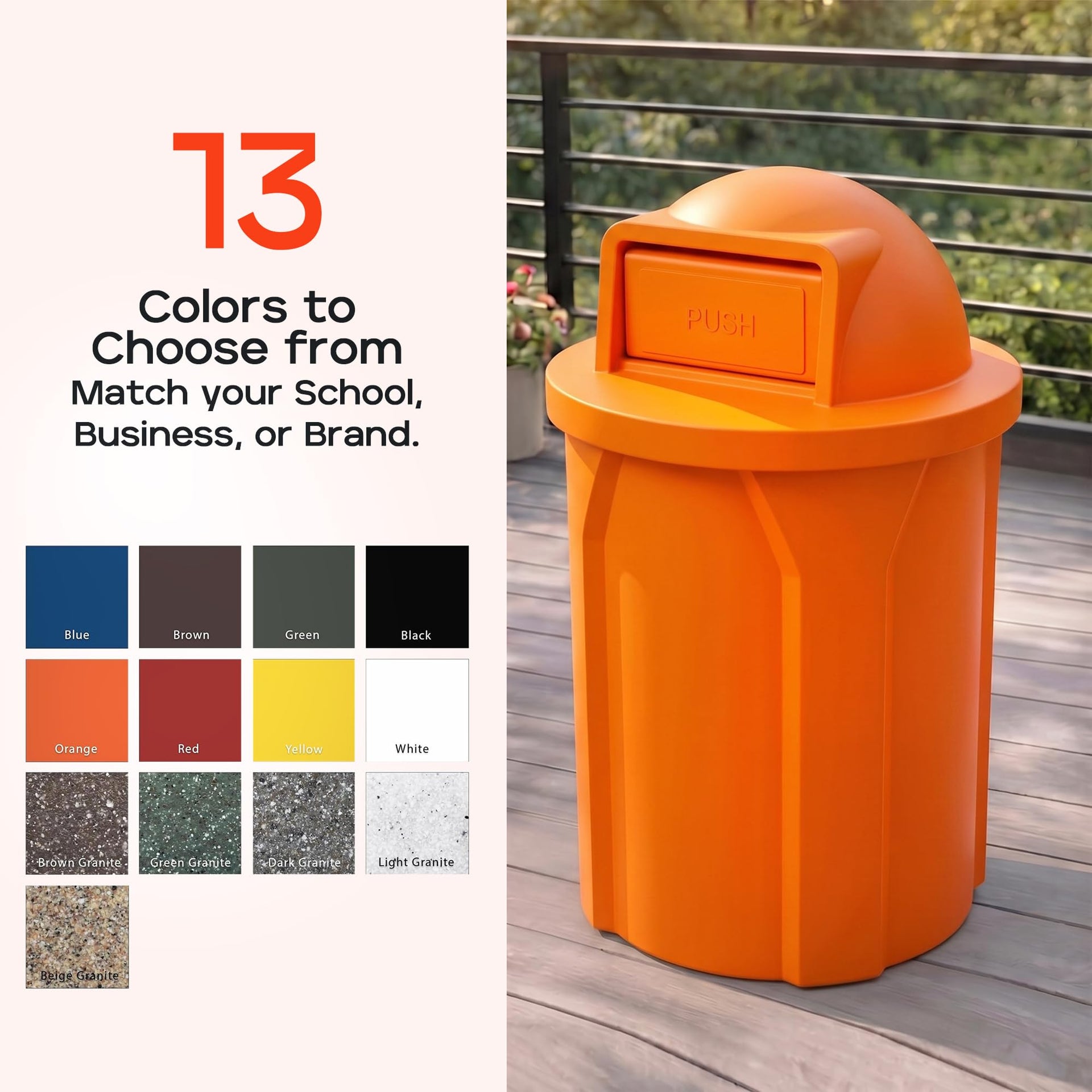 Campus Collection 42 Gallon Plastic Commercial Garbage Can with Push Lid